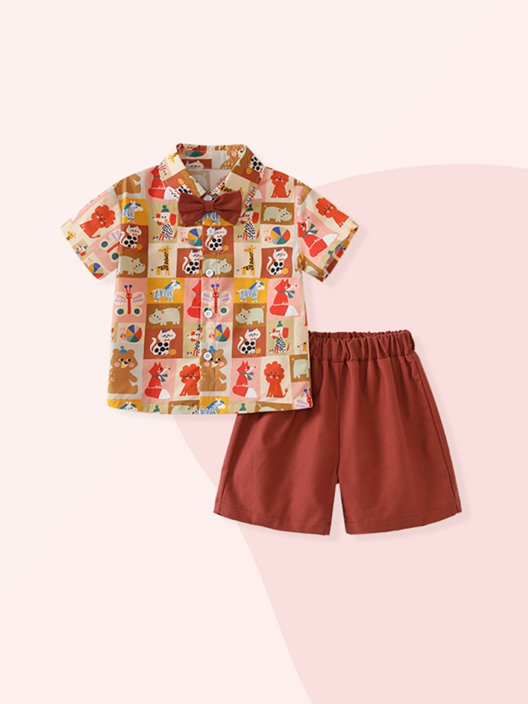 Brown Shirt Collar Short Sleeves Pure Cotton Top & Shorts Set