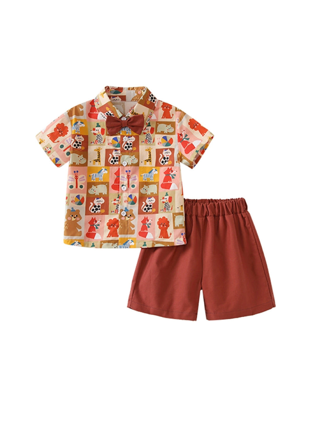 Brown Shirt Collar Short Sleeves Pure Cotton Top & Shorts Set