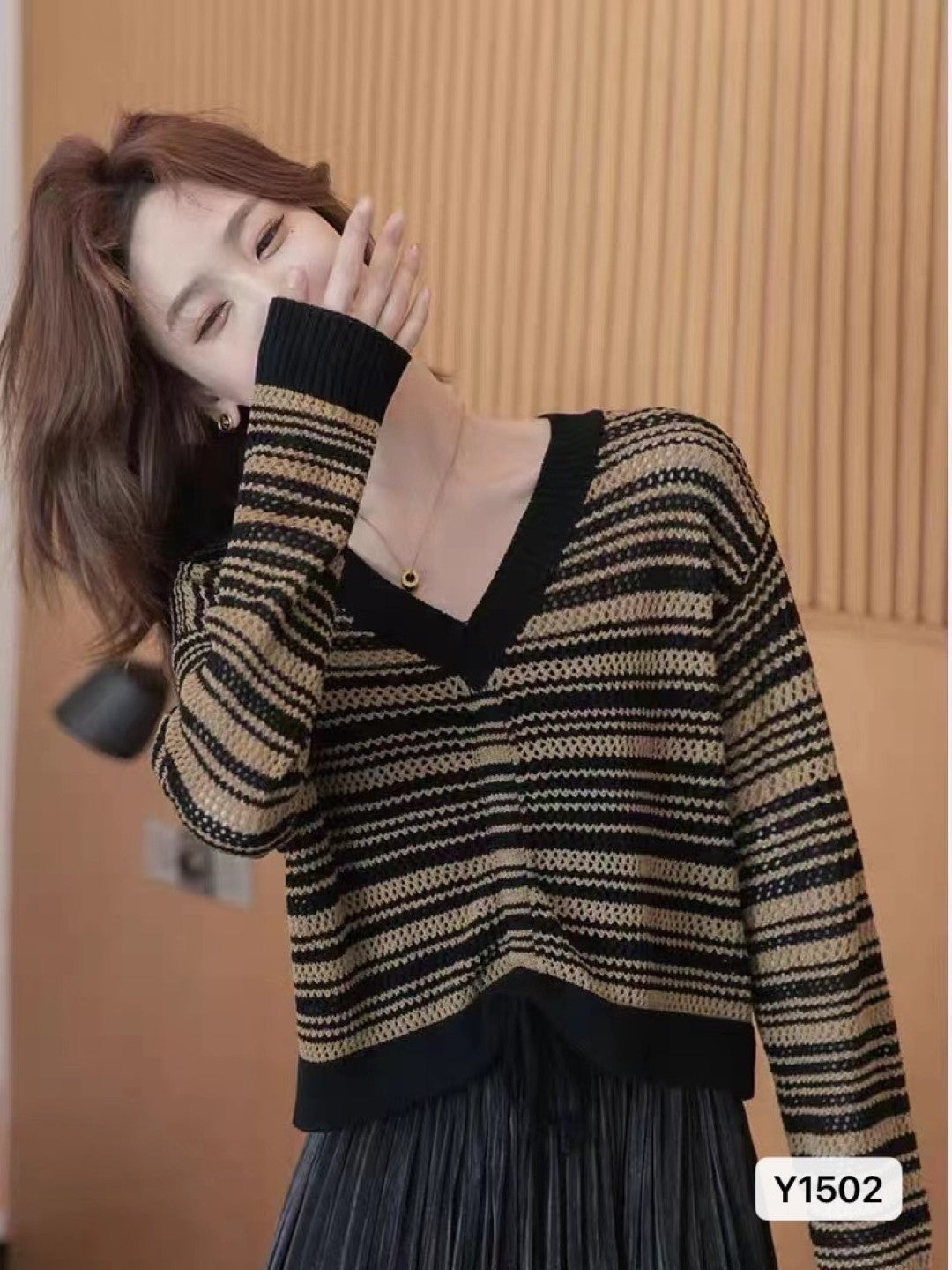 Brown V-Neck Long Sleeves Horizontal Stripes Regular Sleeves Viscose Rayon Top