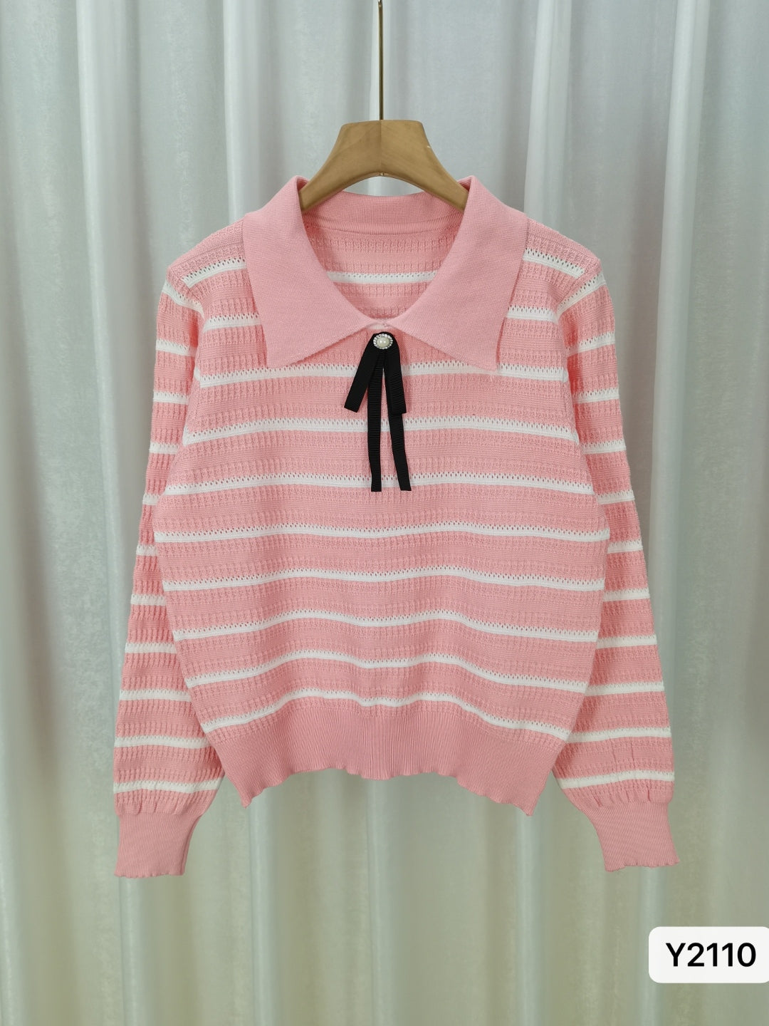 Pink Round Neck Long Sleeves Horizontal Stripes Regular Sleeves Viscose Rayon Top