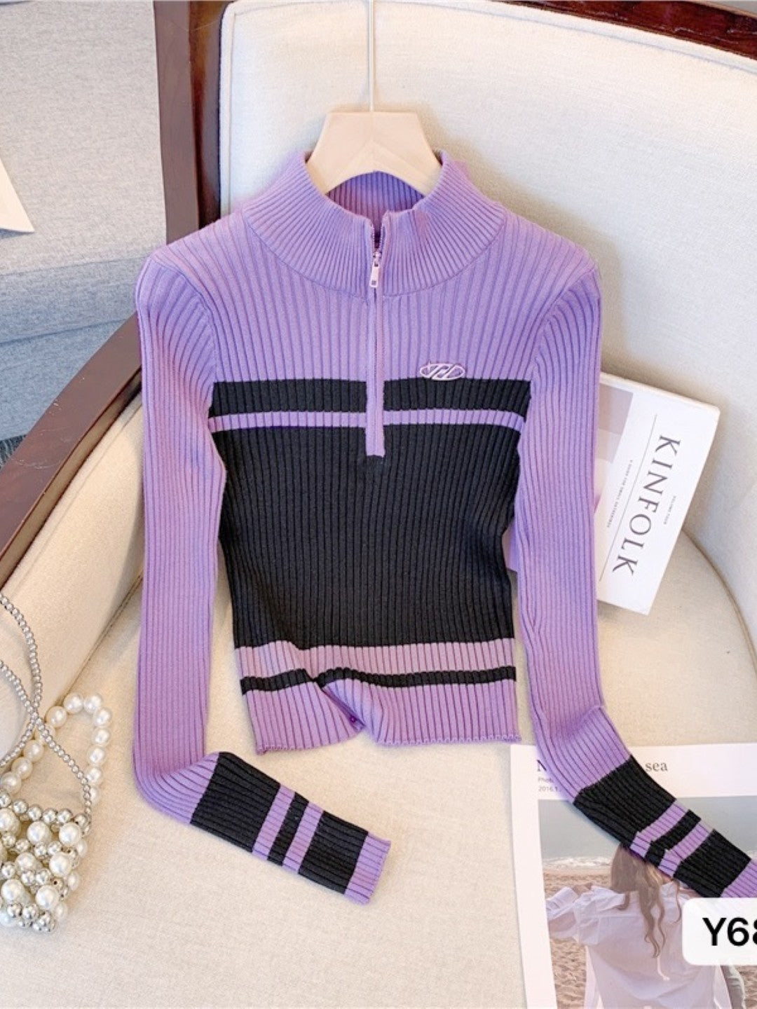 Purple V-Neck Long Sleeves Horizontal Stripes Regular Sleeves Viscose Rayon Top