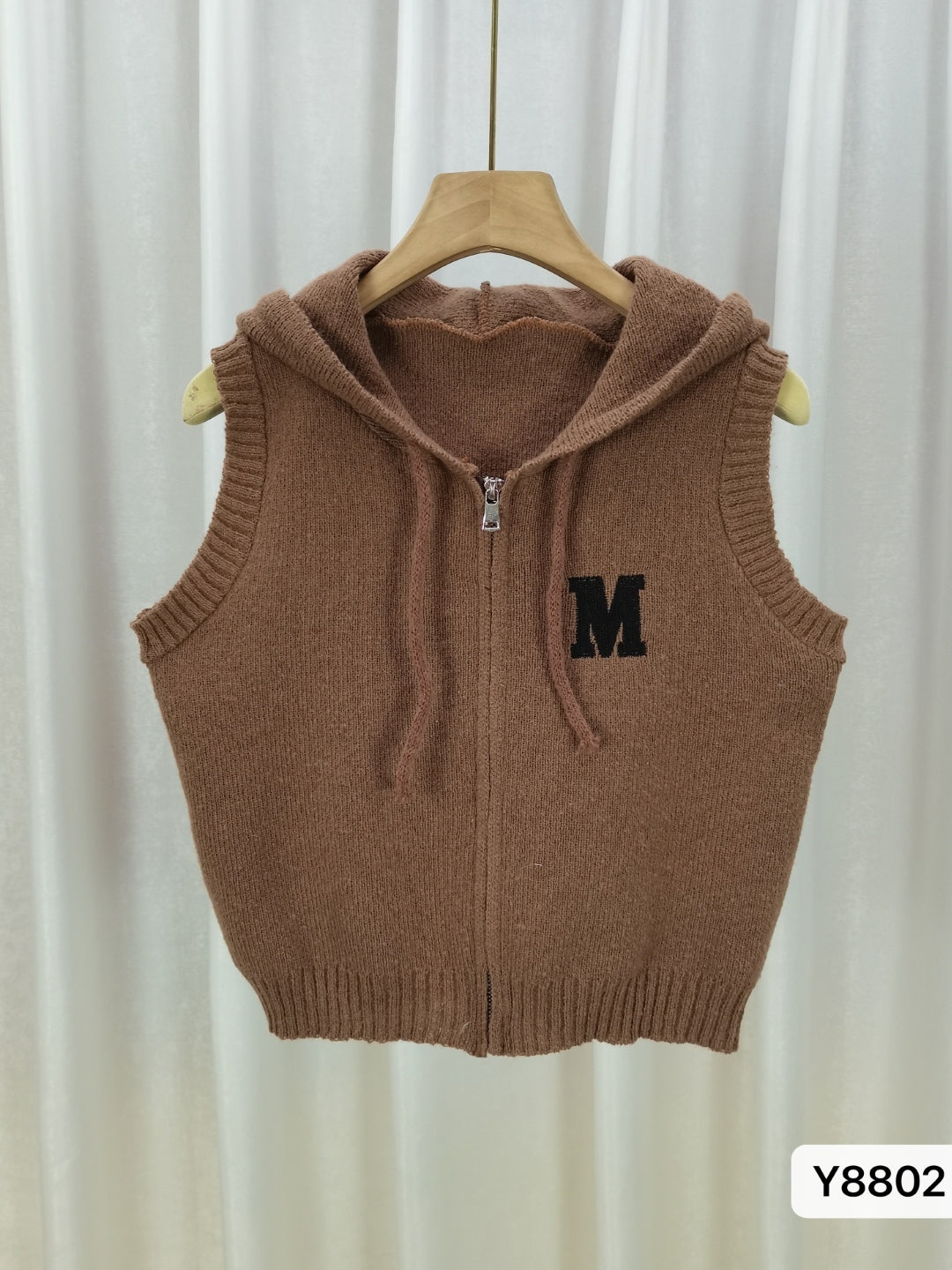 Brown Hood Sleeveless Typography No Sleeves Polyester Top