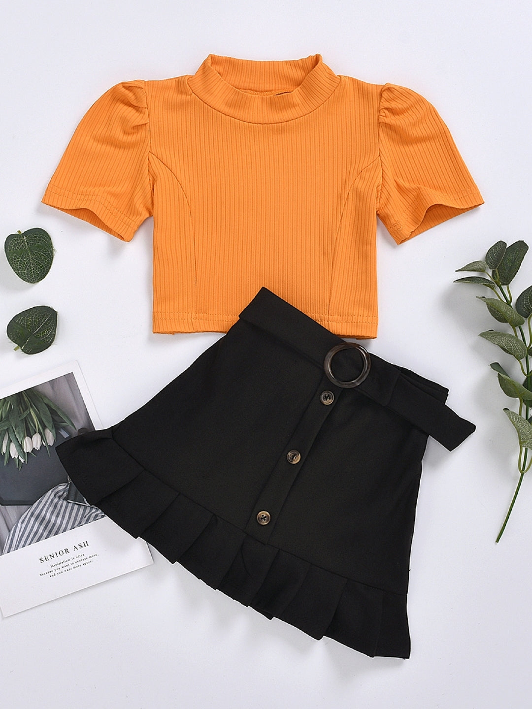 Orange Round Neck Short Sleeves Polyester Solid Skirt Top Set