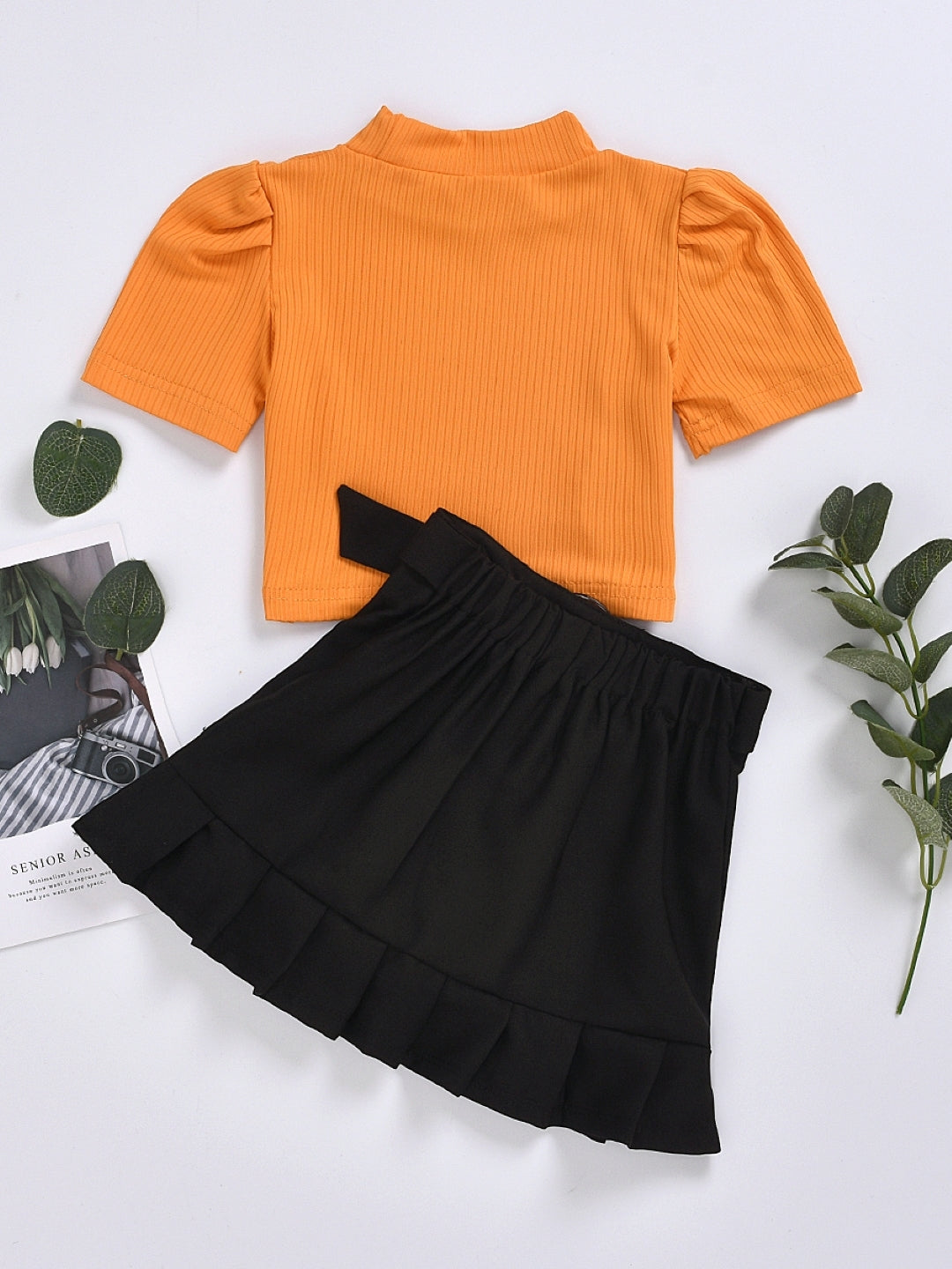 Orange Round Neck Short Sleeves Polyester Solid Skirt Top Set