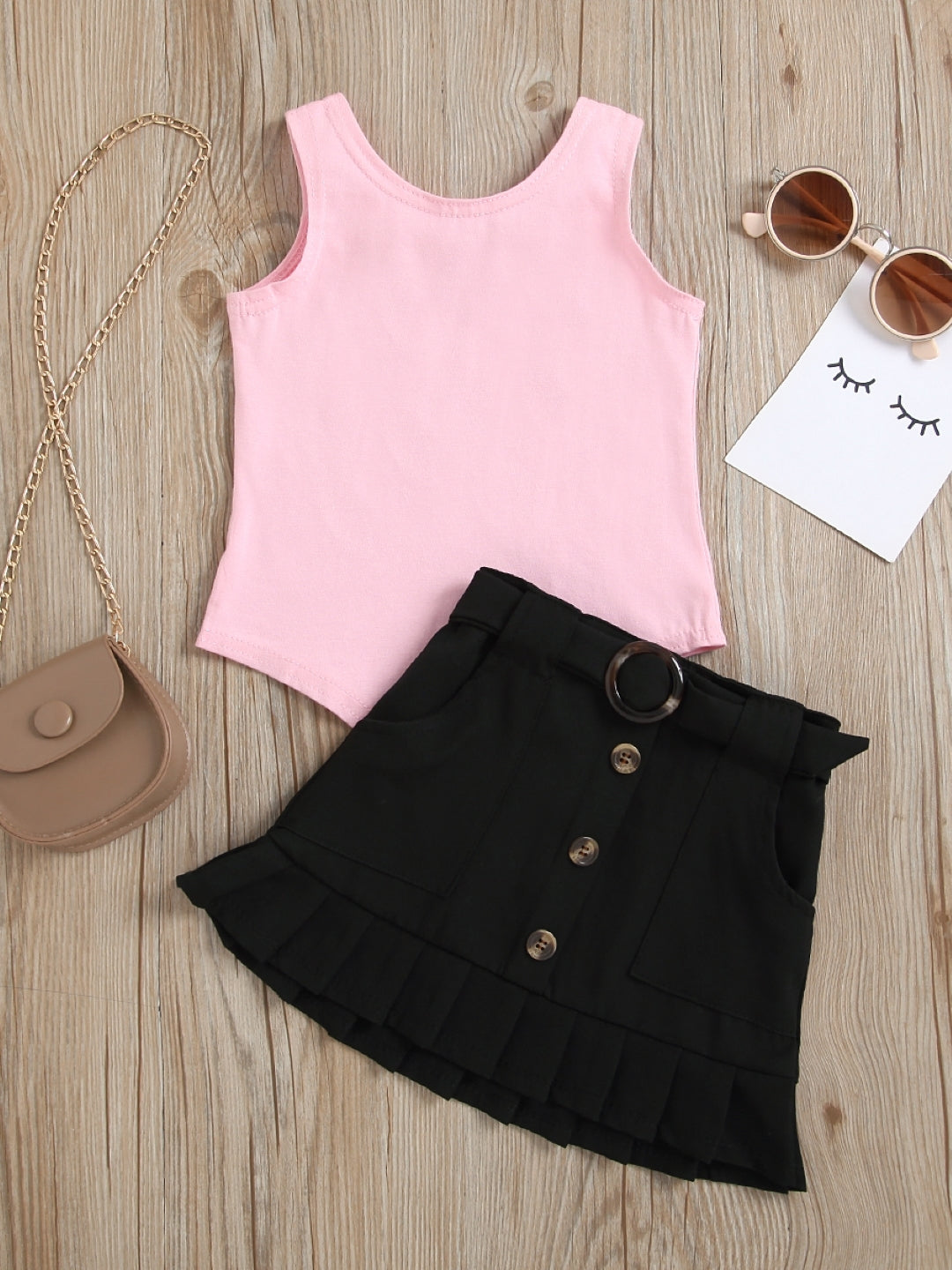 Pink Black Round Neck Short Sleeves Polyester Solid Skirt Top Set