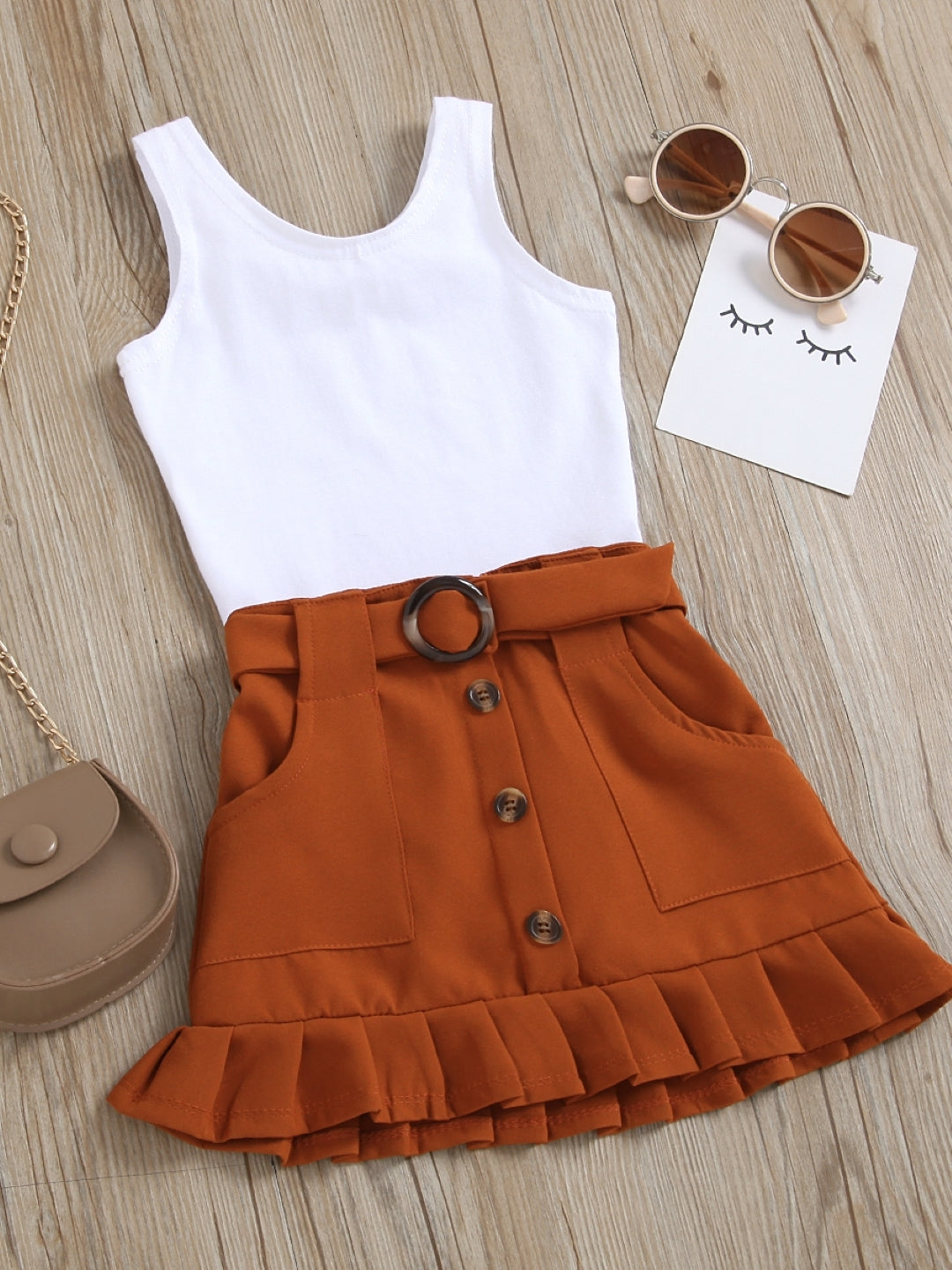 White Brown Round Neck Short Sleeves Polyester Solid Skirt Top Set