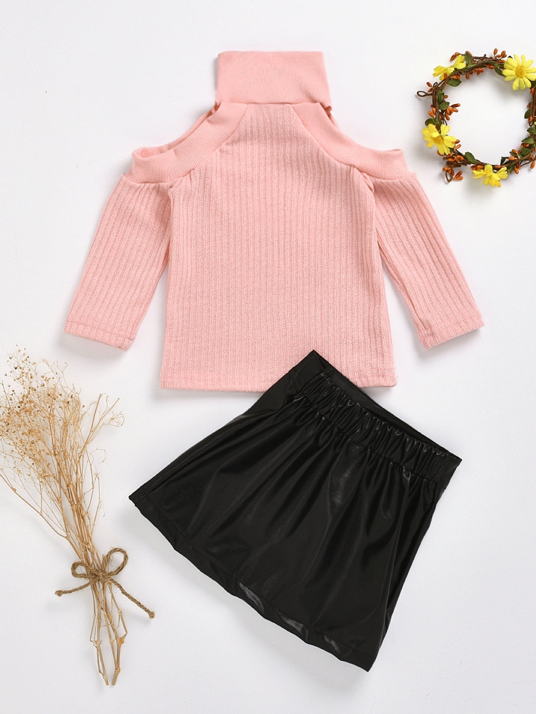 Pink High Neck Long Sleeves Polyester Solid Skirt Top Set