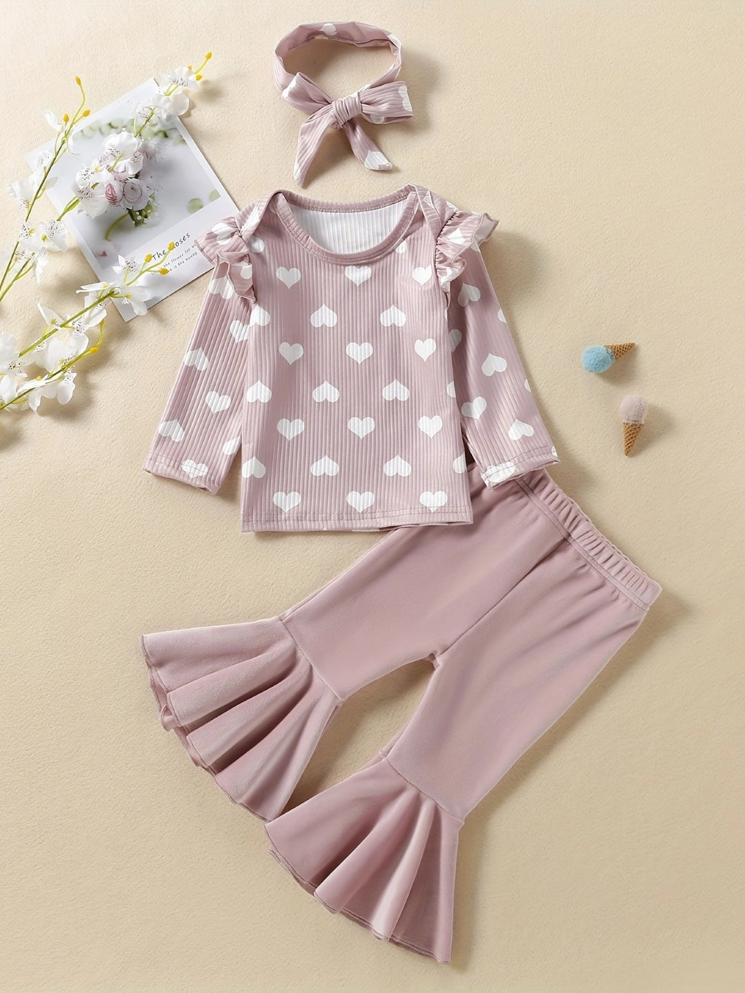 Pink Round Neck Long Sleeves Polyester Printed Trousers Top Set