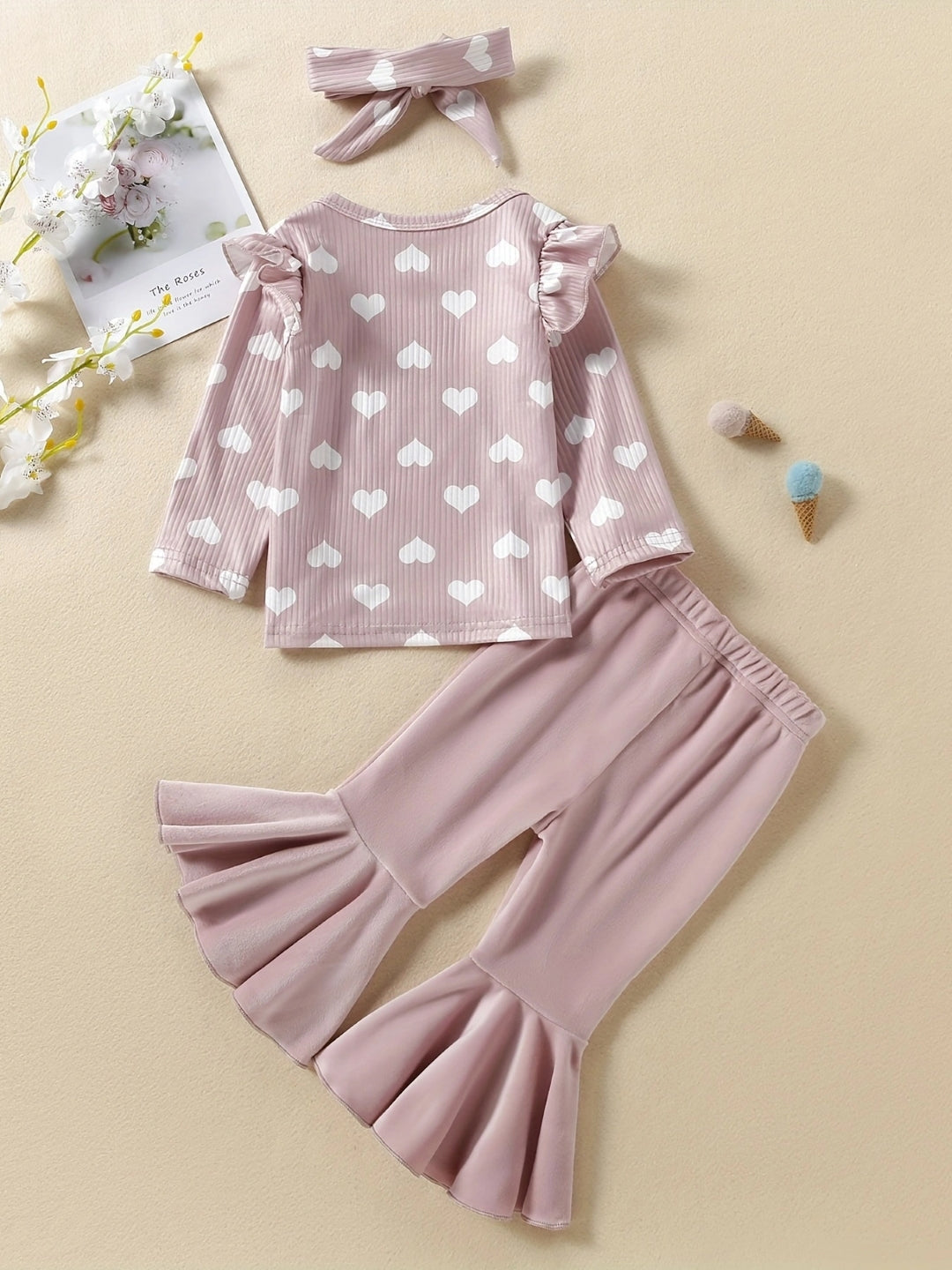 Pink Round Neck Long Sleeves Polyester Printed Trousers Top Set