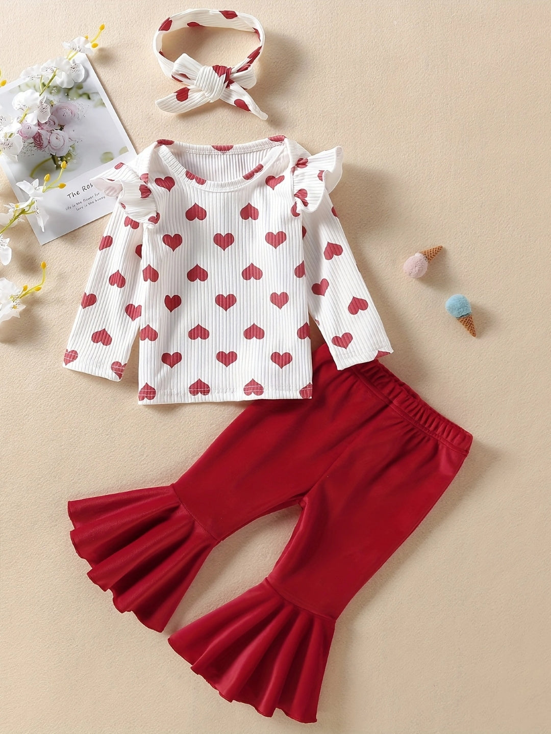 Red Round Neck Long Sleeves Polyester Printed Trousers Top Set