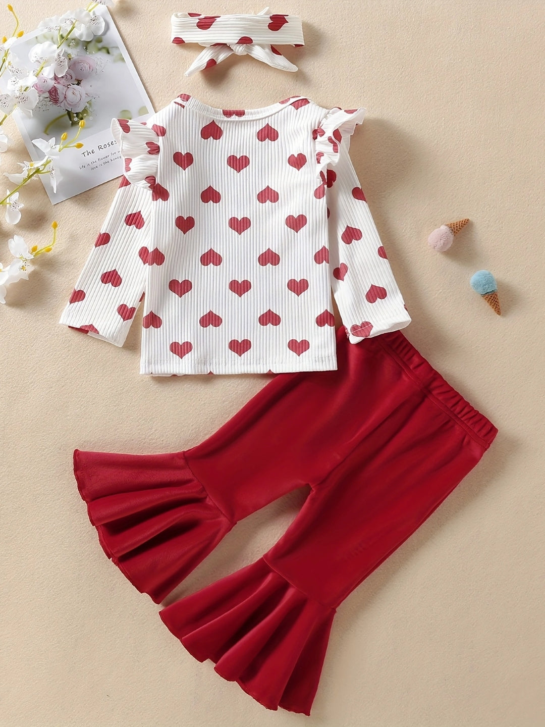 Red Round Neck Long Sleeves Polyester Printed Trousers Top Set