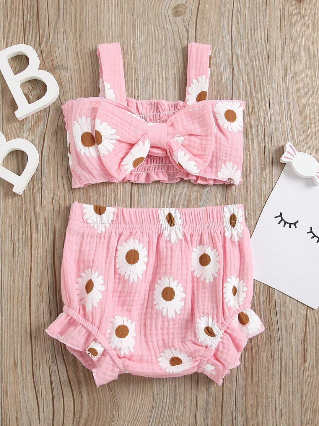 Pink Shoulder Straps Sleeveless Polyester Printed Shorts Top Set