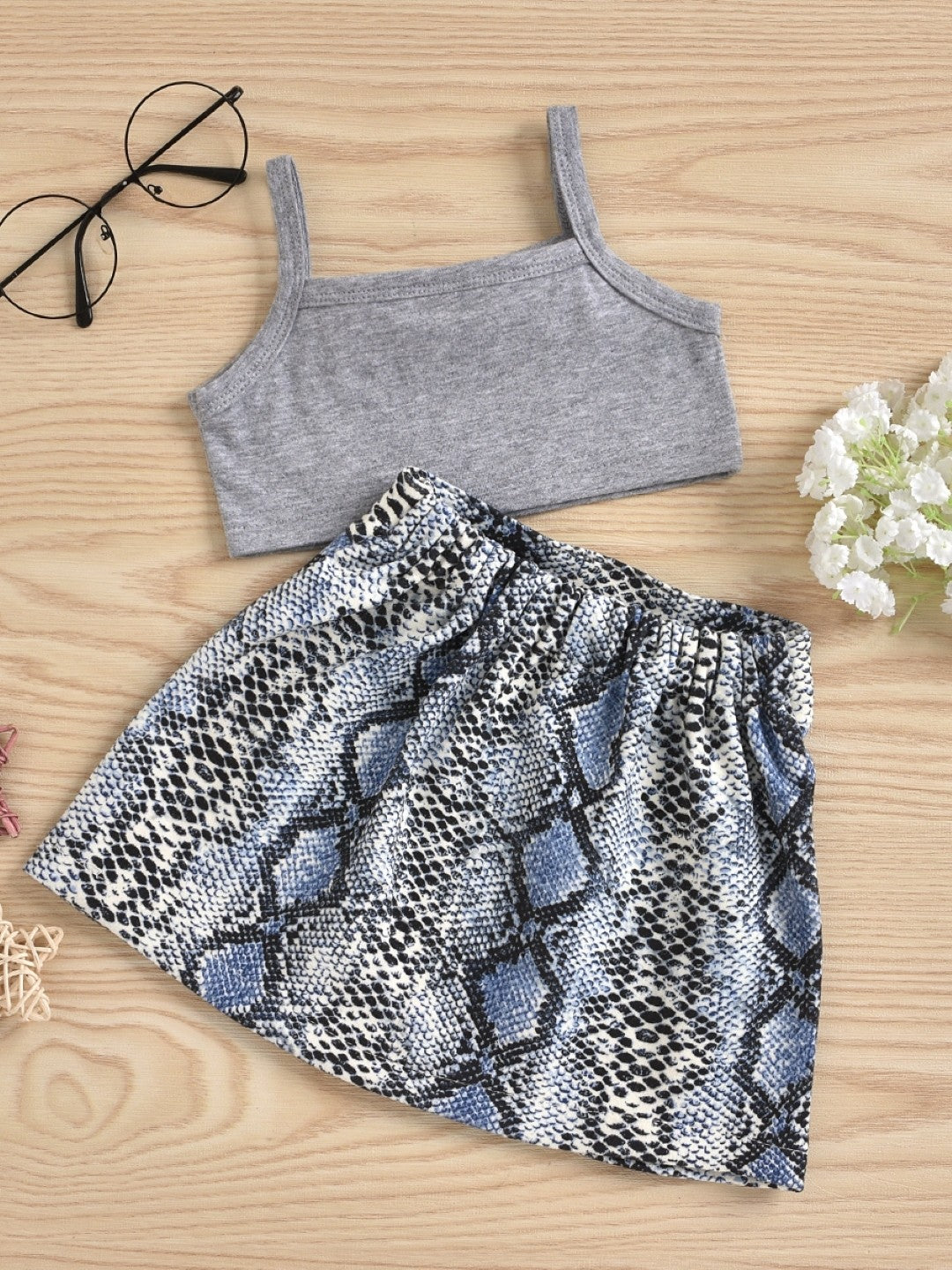 Grey Shoulder Straps Sleeveless Polyester Printed Skirt Top Set