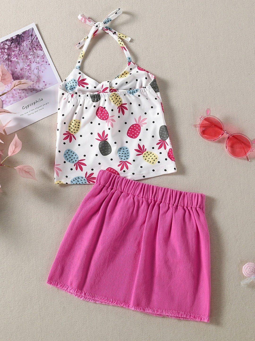 Pink Shoulder Straps Sleeveless Polyester Solid Shorts Top Set