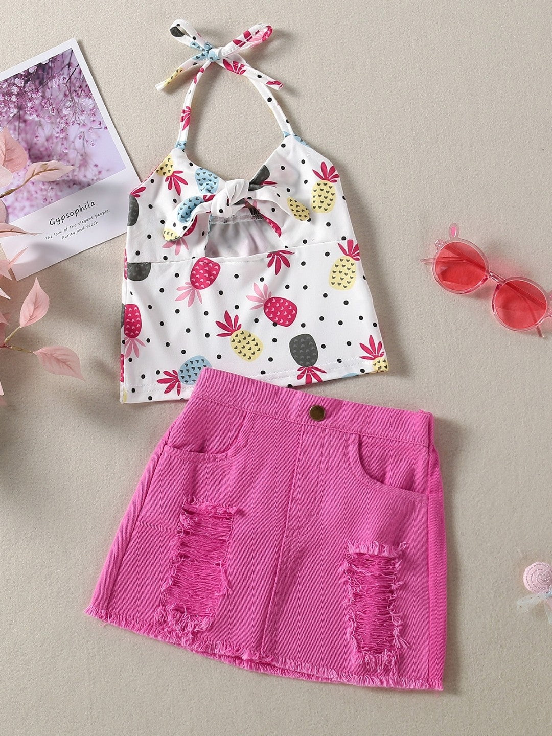 Pink Shoulder Straps Sleeveless Polyester Solid Shorts Top Set