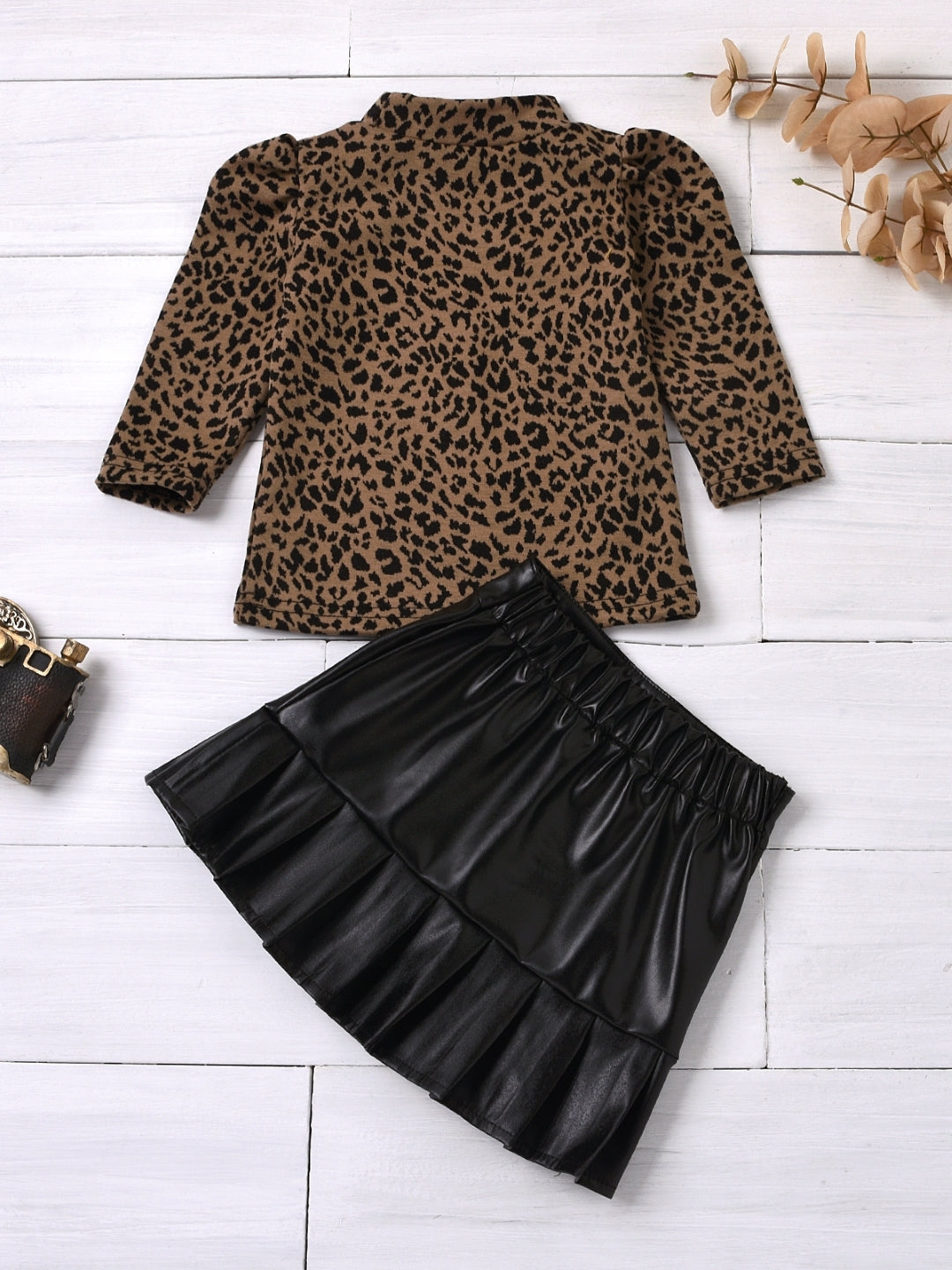 Brown Round Neck Long Sleeves Polyester Solid Skirt Top Set