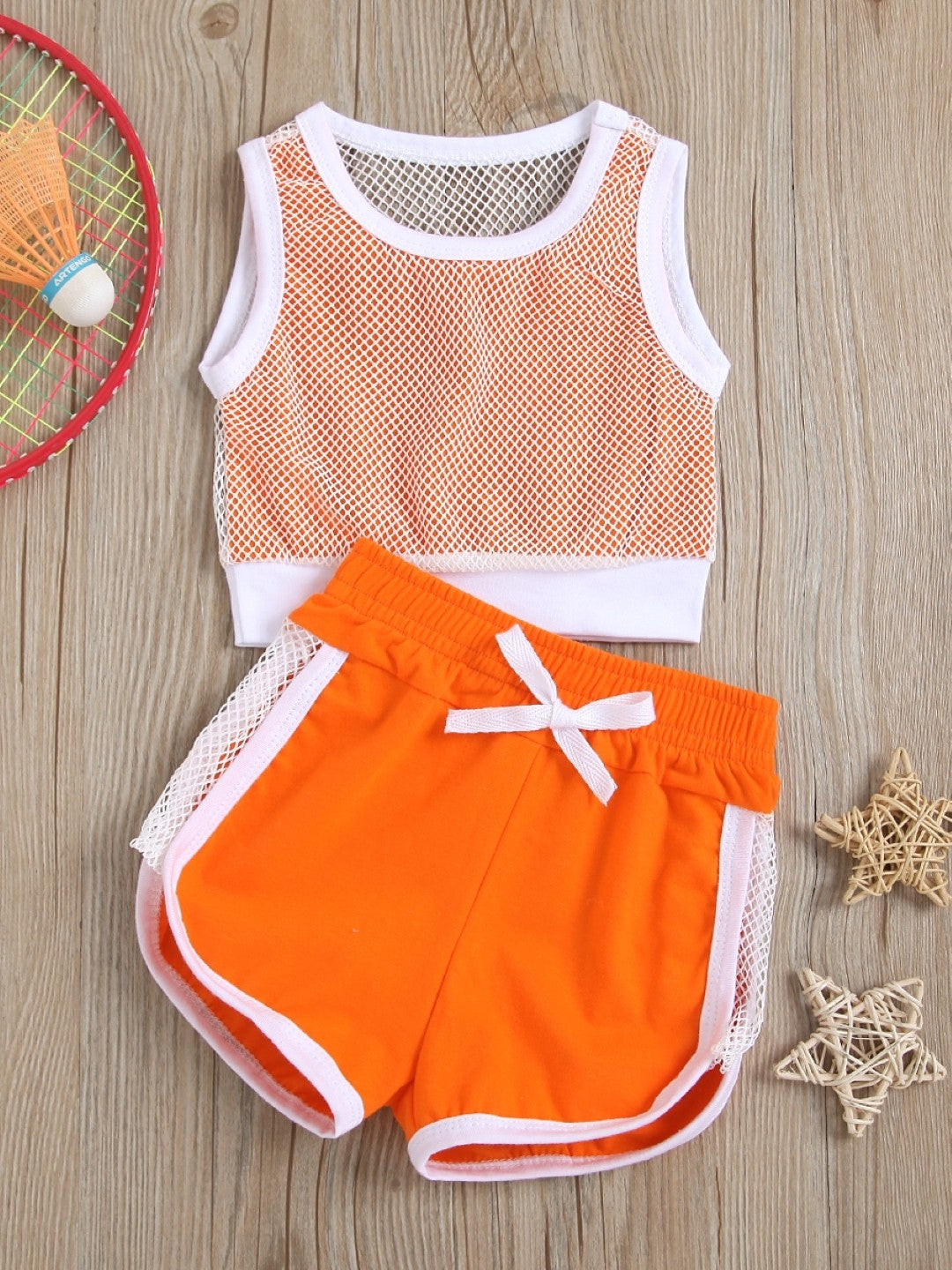 Orange Round Neck Sleeveless Polyester Solid Shorts Top Set