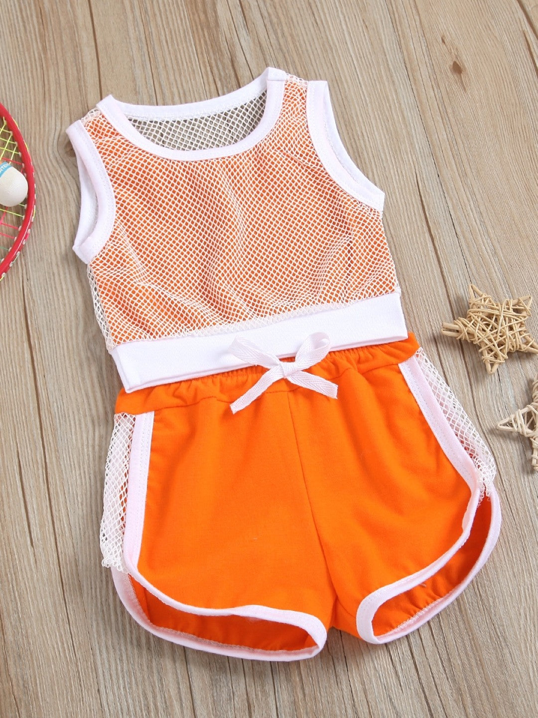 Orange Round Neck Sleeveless Polyester Solid Shorts Top Set