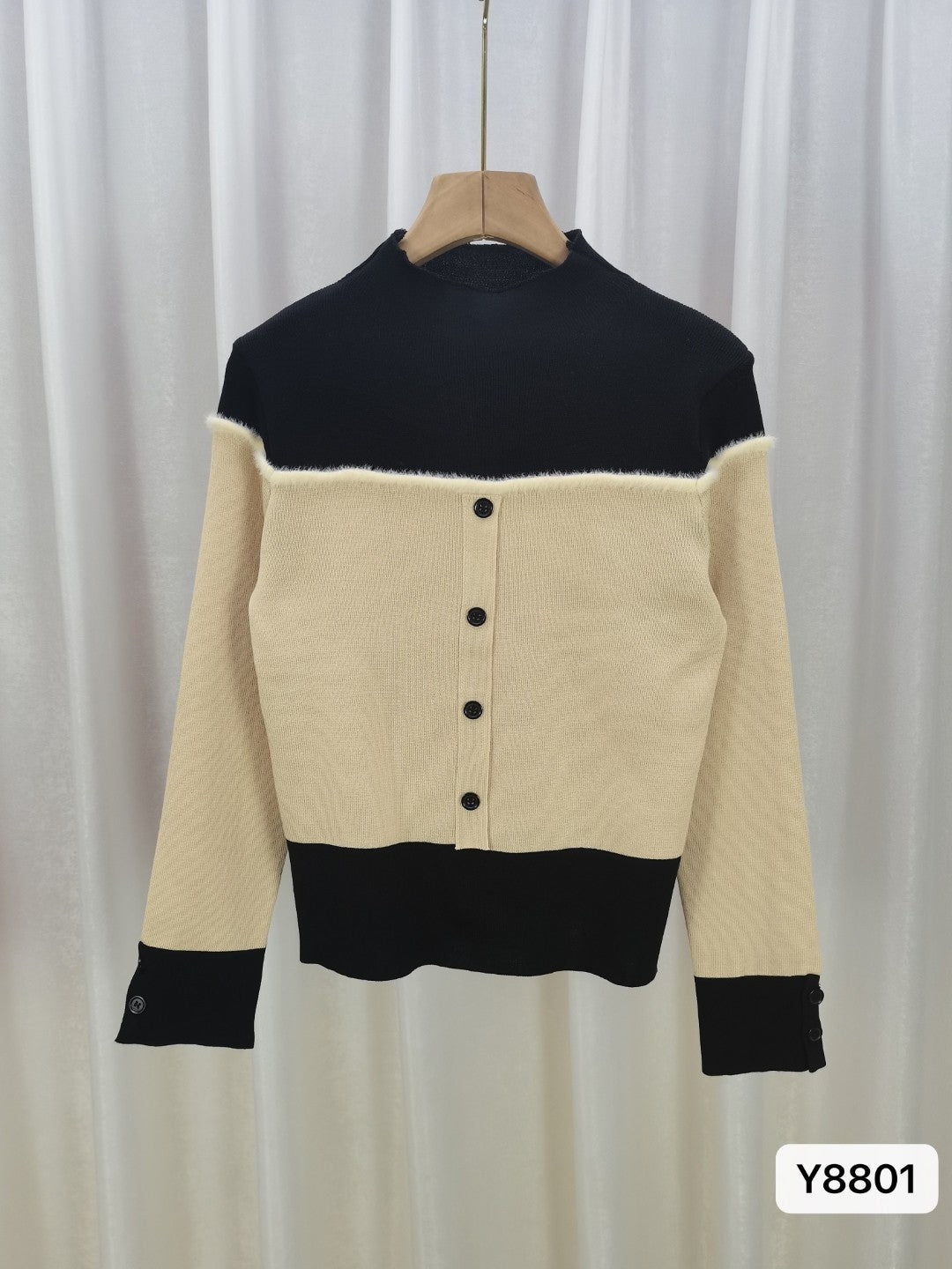 Cream High Neck Long Sleeves Colourblocked Regular Sleeves Viscose Rayon Top