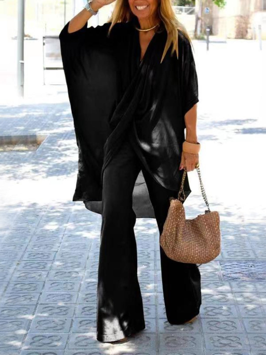 Black V-Neck Three-Quarter Sleeves Top & Palazzos Set