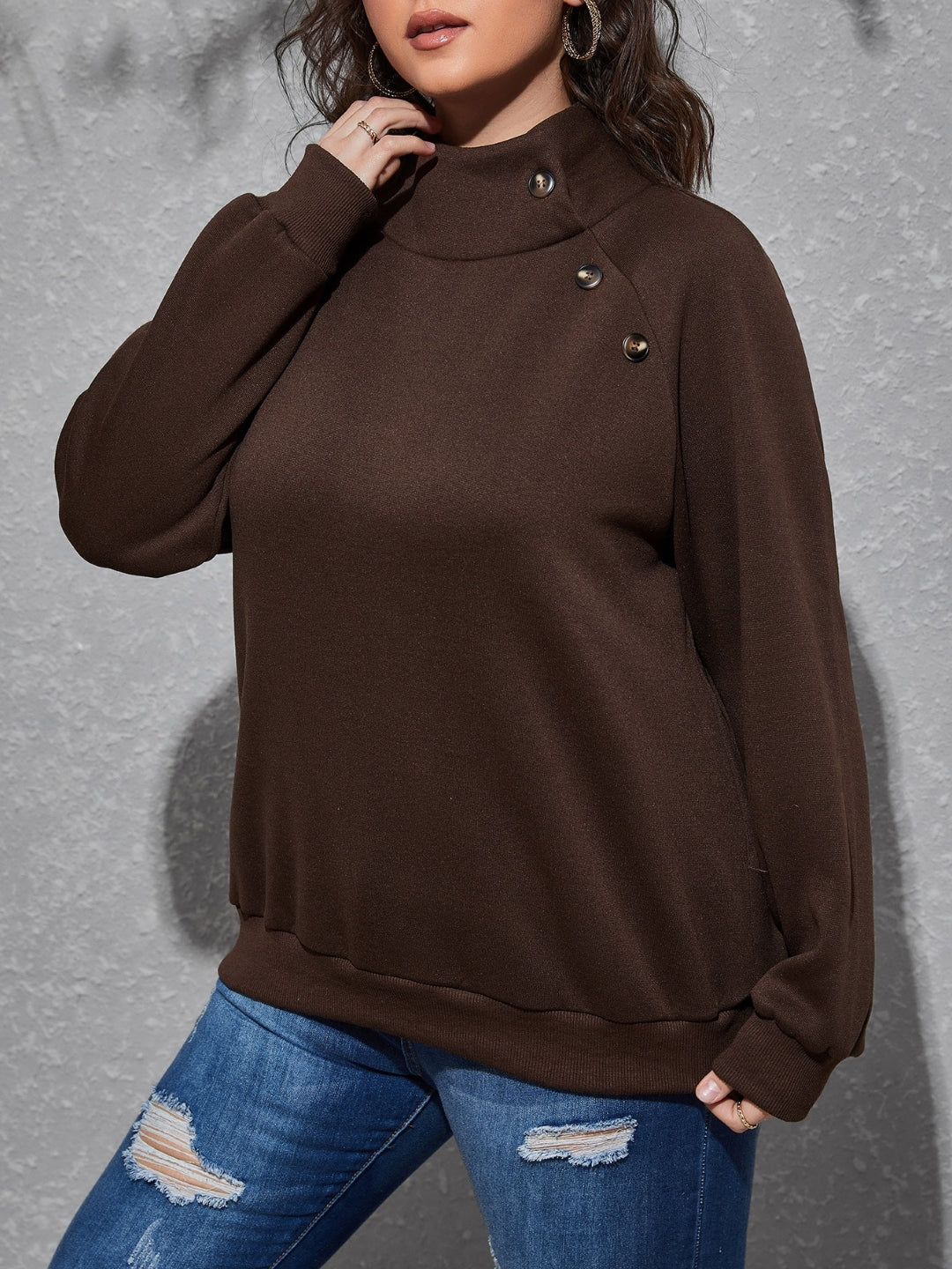 Brown High Neck Long Sleeves Solid Polyester Top