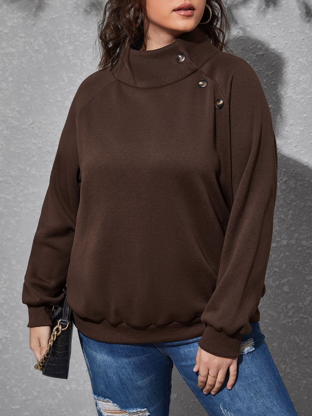 Brown High Neck Long Sleeves Solid Polyester Top