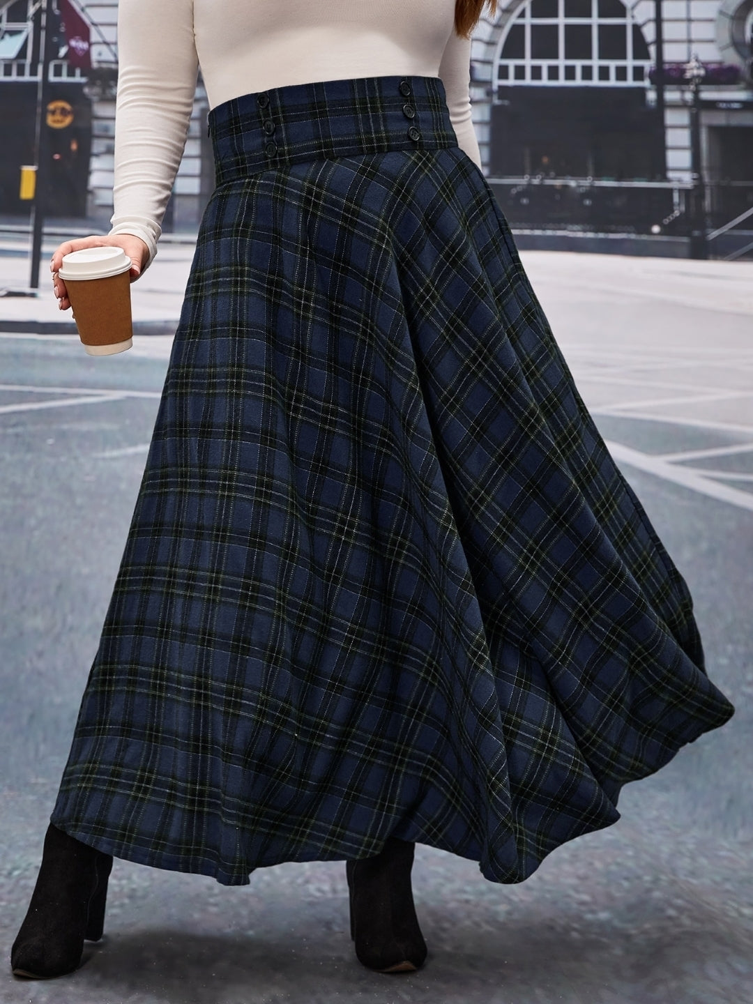 Black Checked Maxi A-Line Slip-On Polyester Skirt