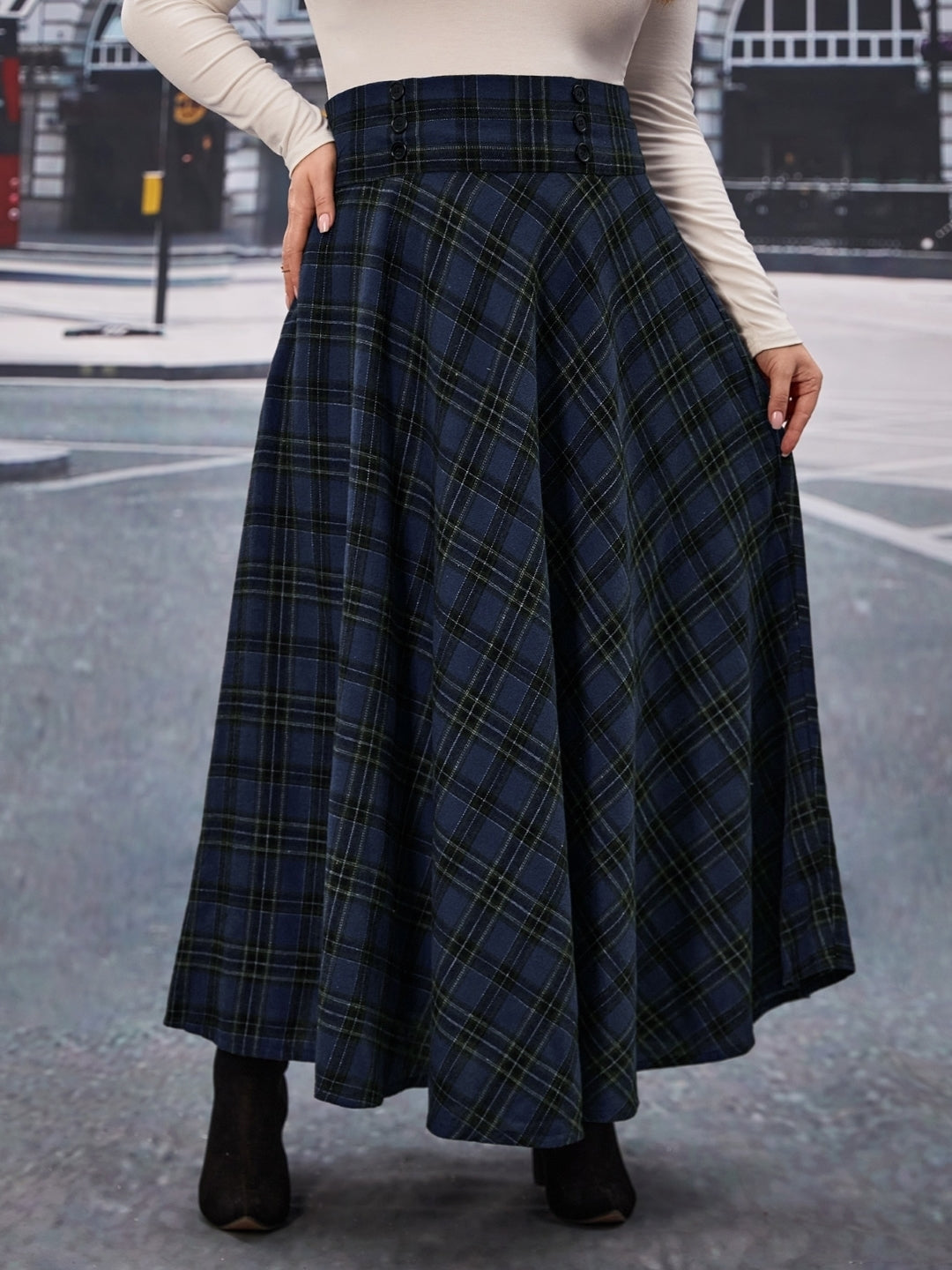 Black Checked Maxi A-Line Slip-On Polyester Skirt