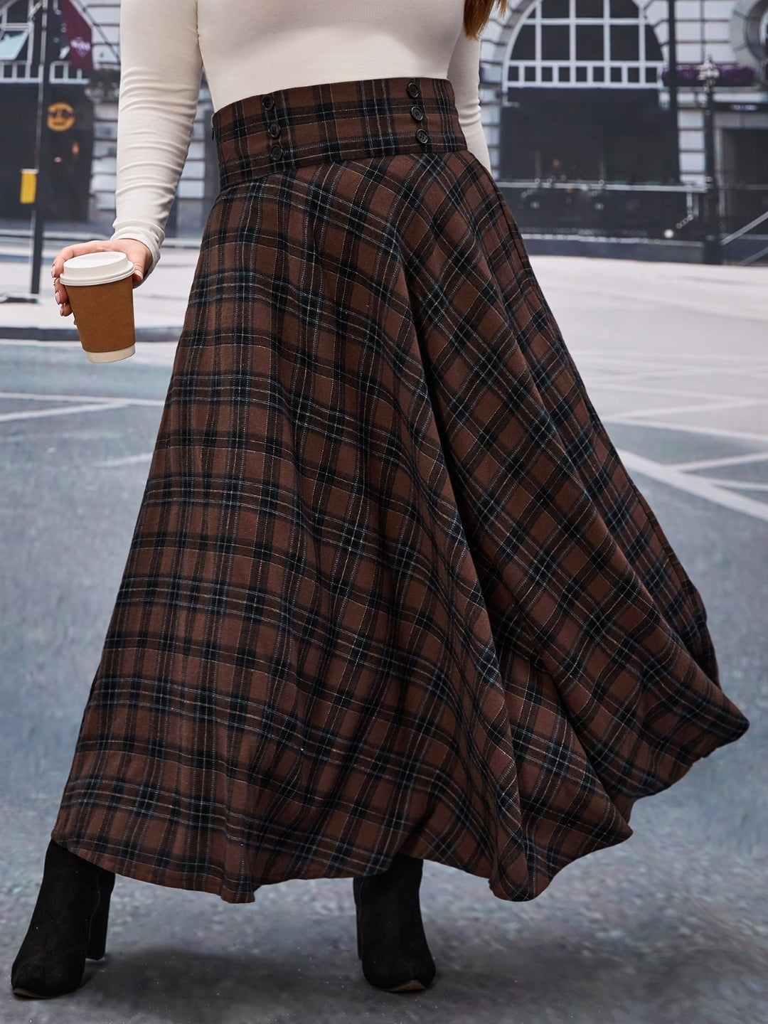 Brown Checked Maxi A-Line Slip-On Polyester Skirt