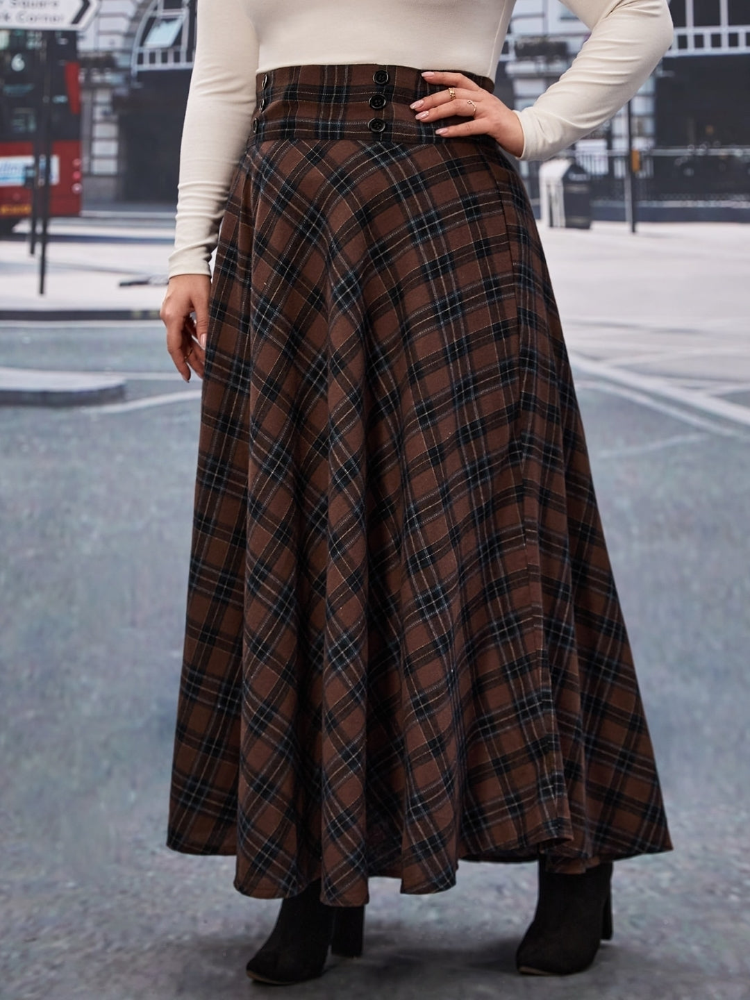 Brown Checked Maxi A-Line Slip-On Polyester Skirt