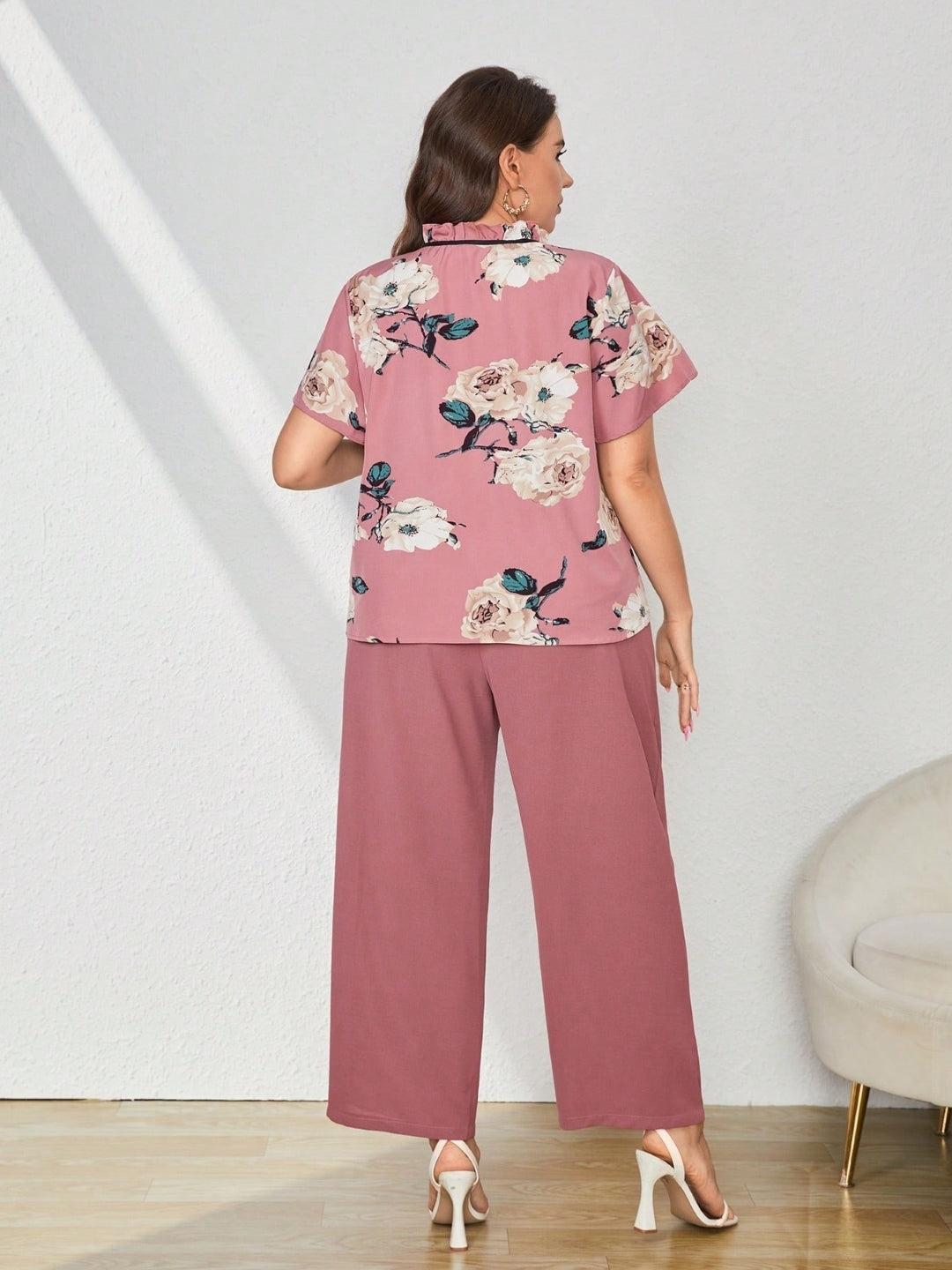 Pink Round Neck Polyester Short Sleeves Solid Top & Palazzos Set