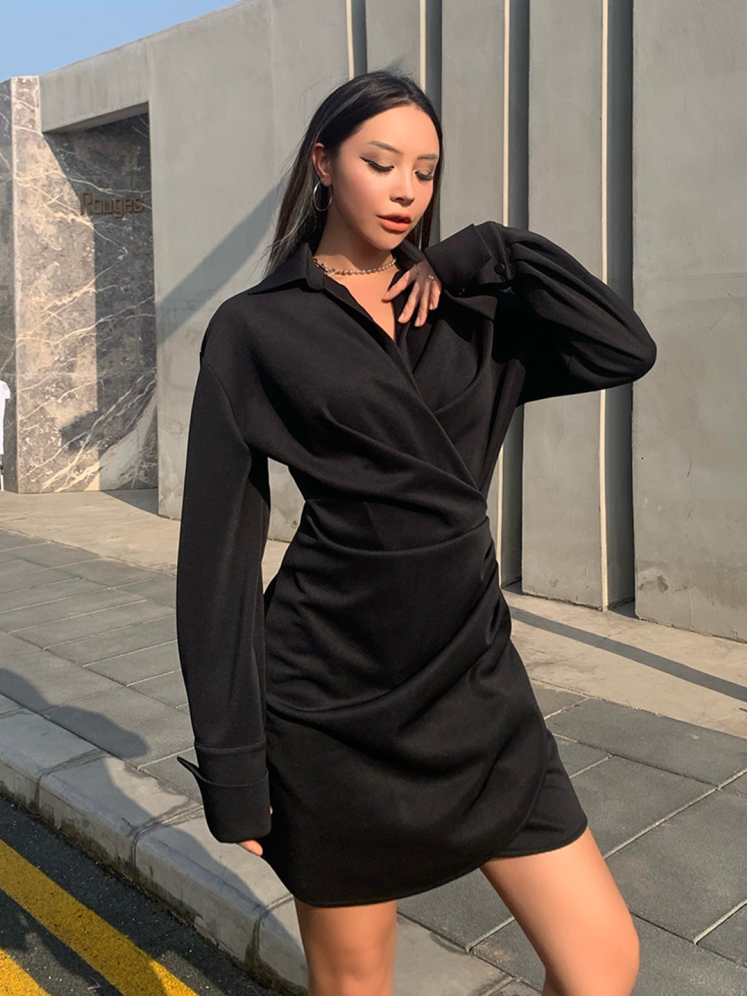 Black Shirt Collar Solid Long Sleeves Above Knee Fit and Flare Polyester Dress