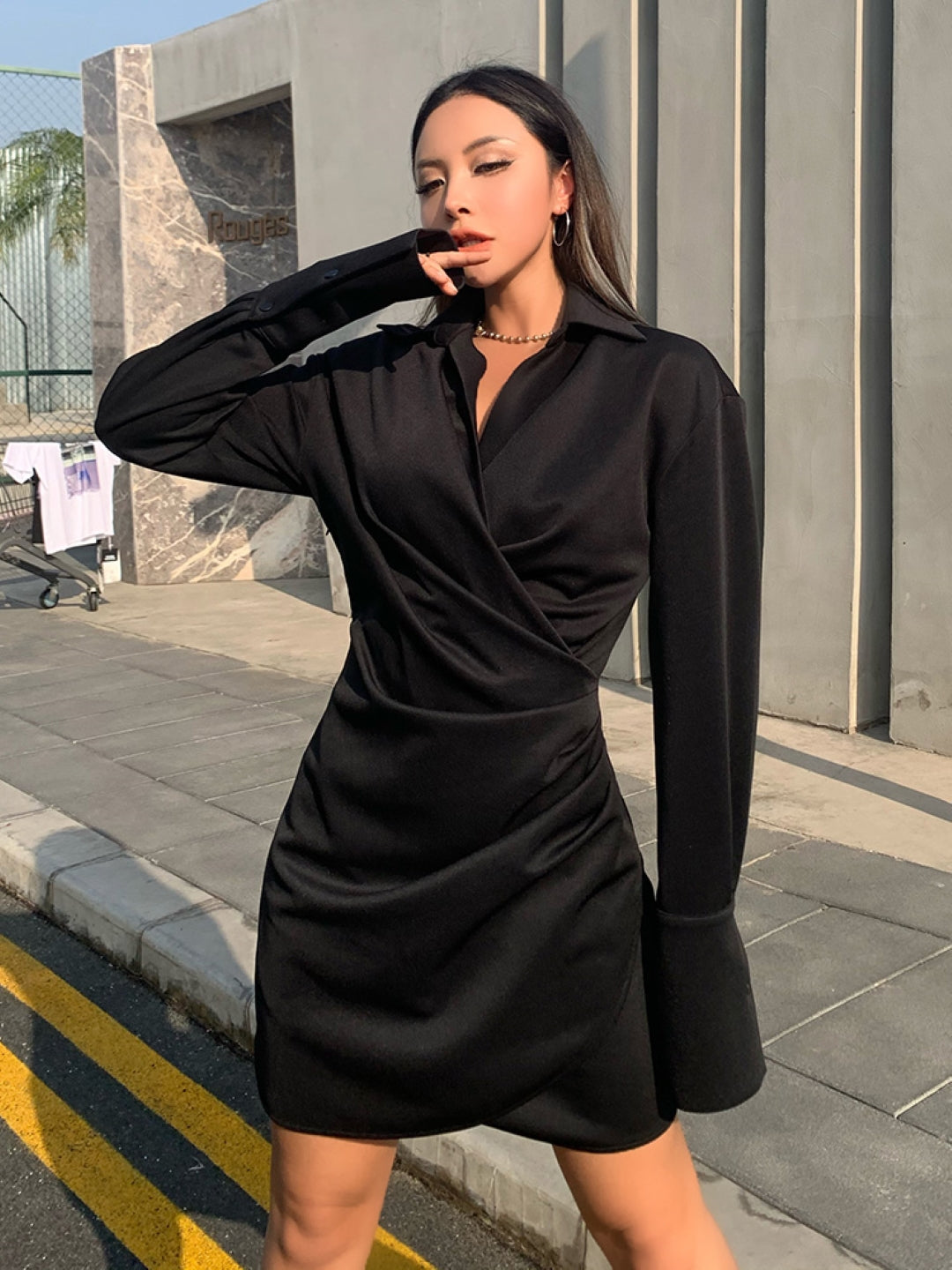 Black Shirt Collar Solid Long Sleeves Above Knee Fit and Flare Polyester Dress