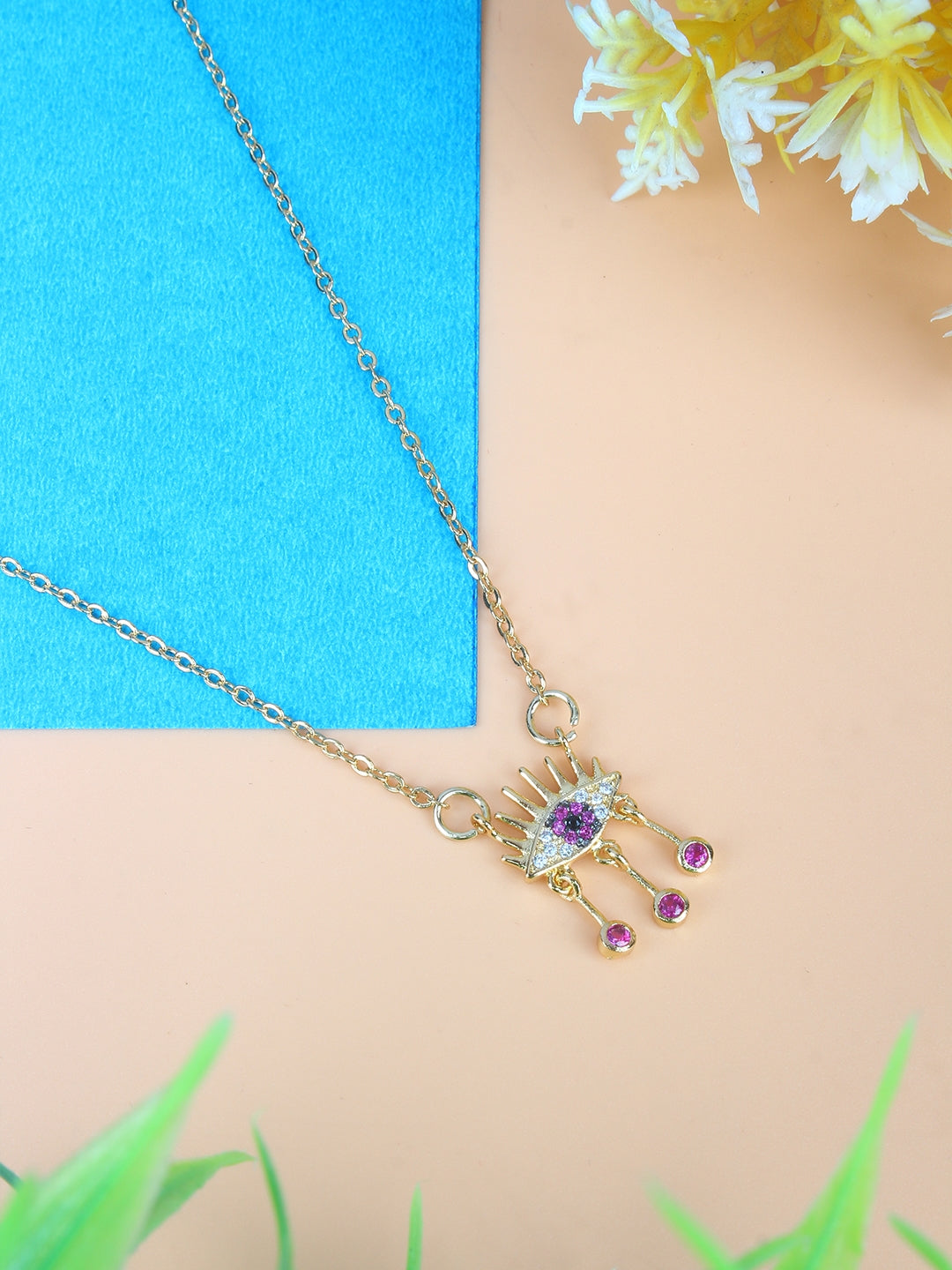 Gold & Purple Brass Cubic Zirconia Minimal Gold-Plated Handcrafted Necklace