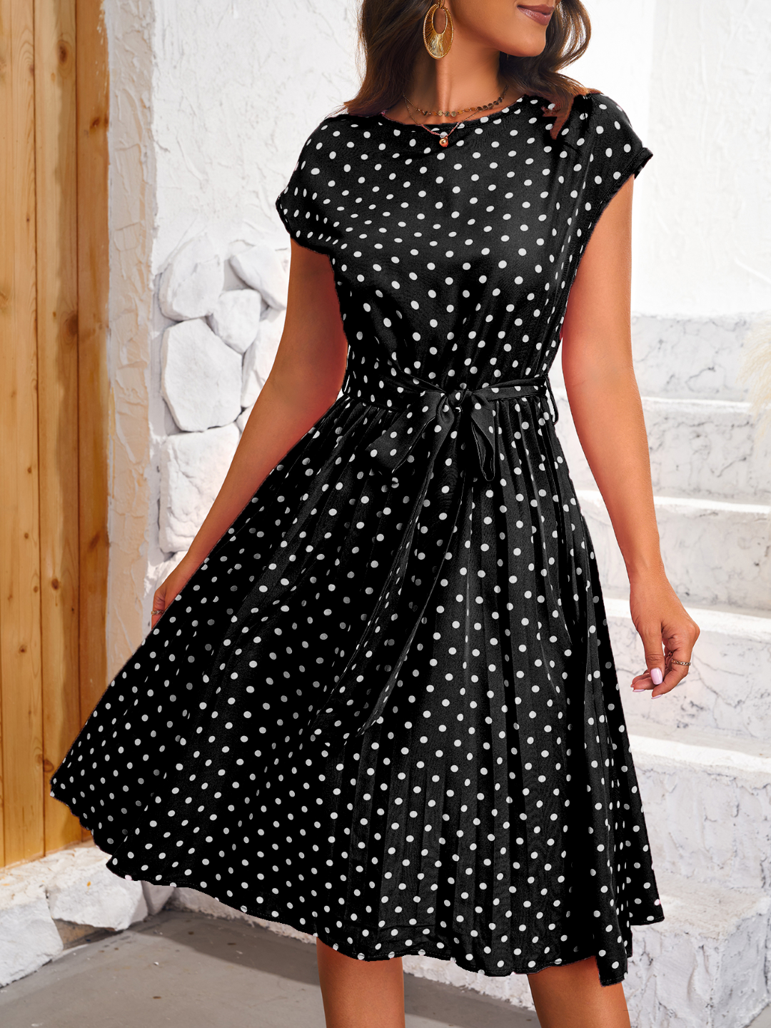 Black Round Neck A-Line Polka Dots Short Sleeves Knee Length Polyester Dress