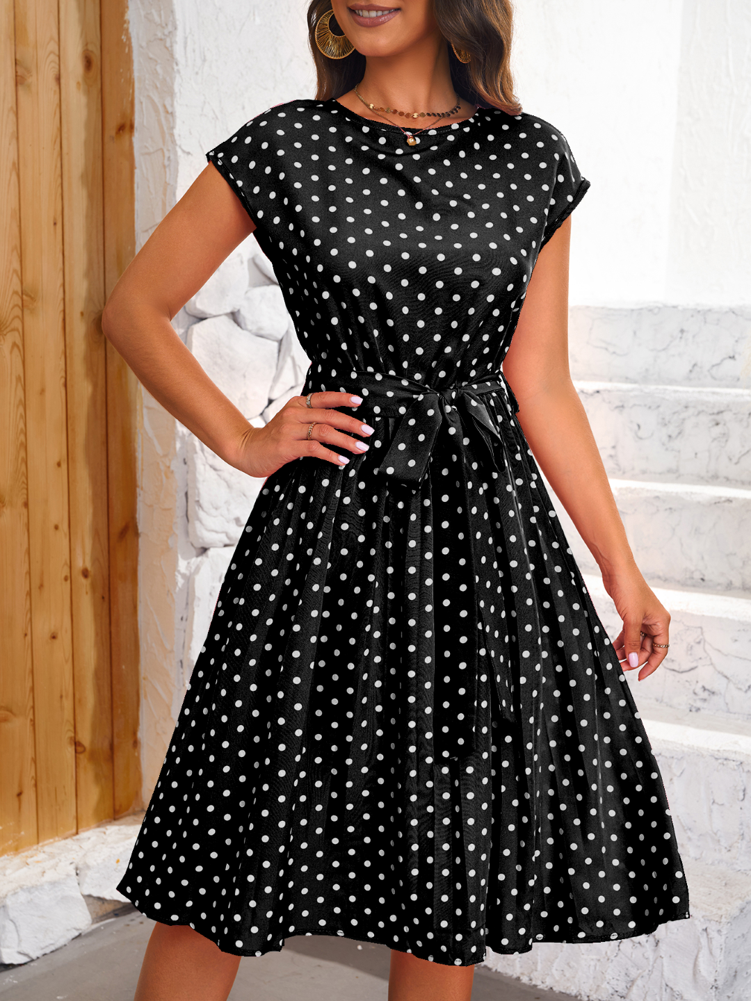 Black Round Neck A-Line Polka Dots Short Sleeves Knee Length Polyester Dress