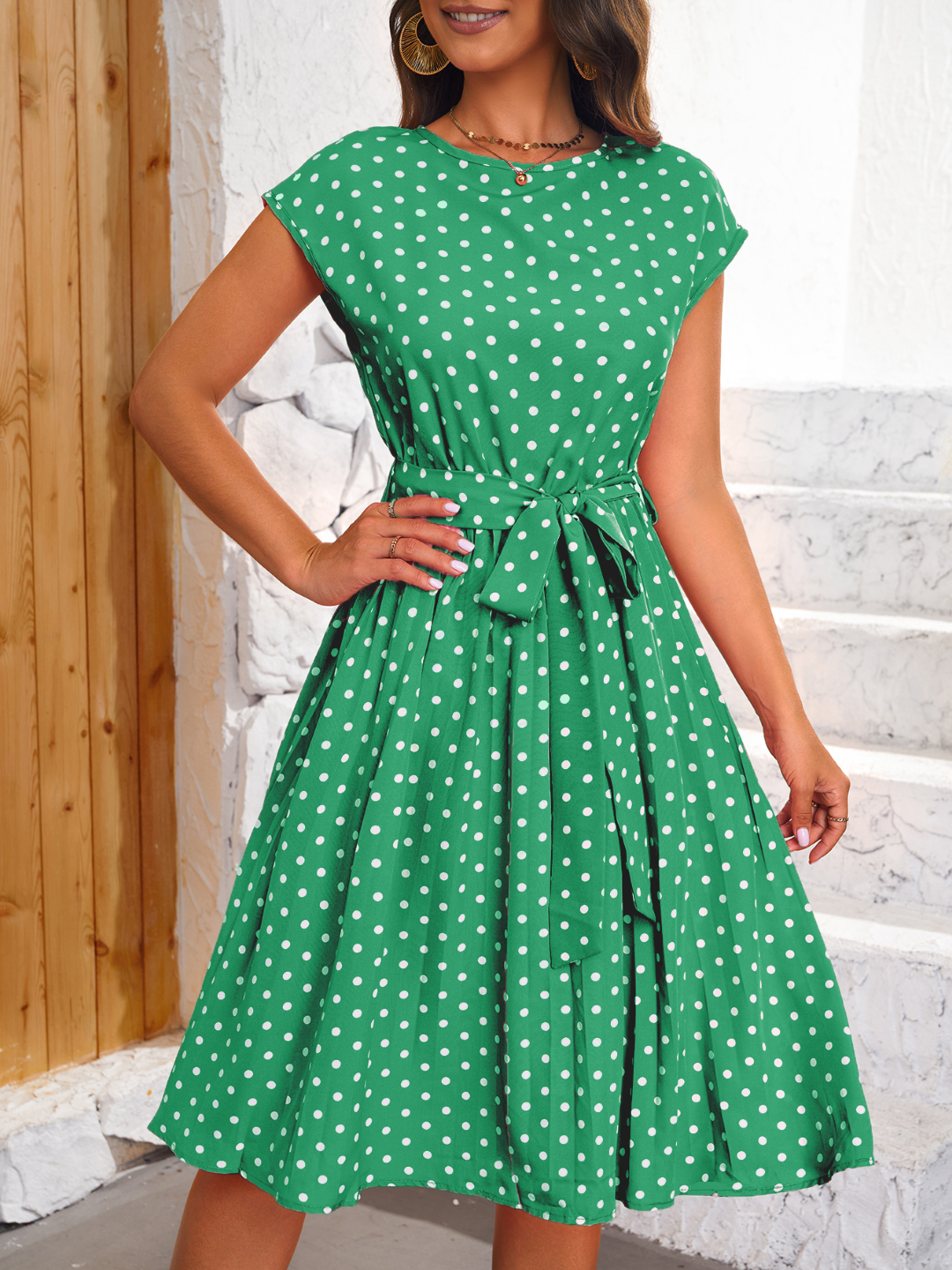 Green Round Neck A-Line Polka Dots Short Sleeves Knee Length Polyester Dress