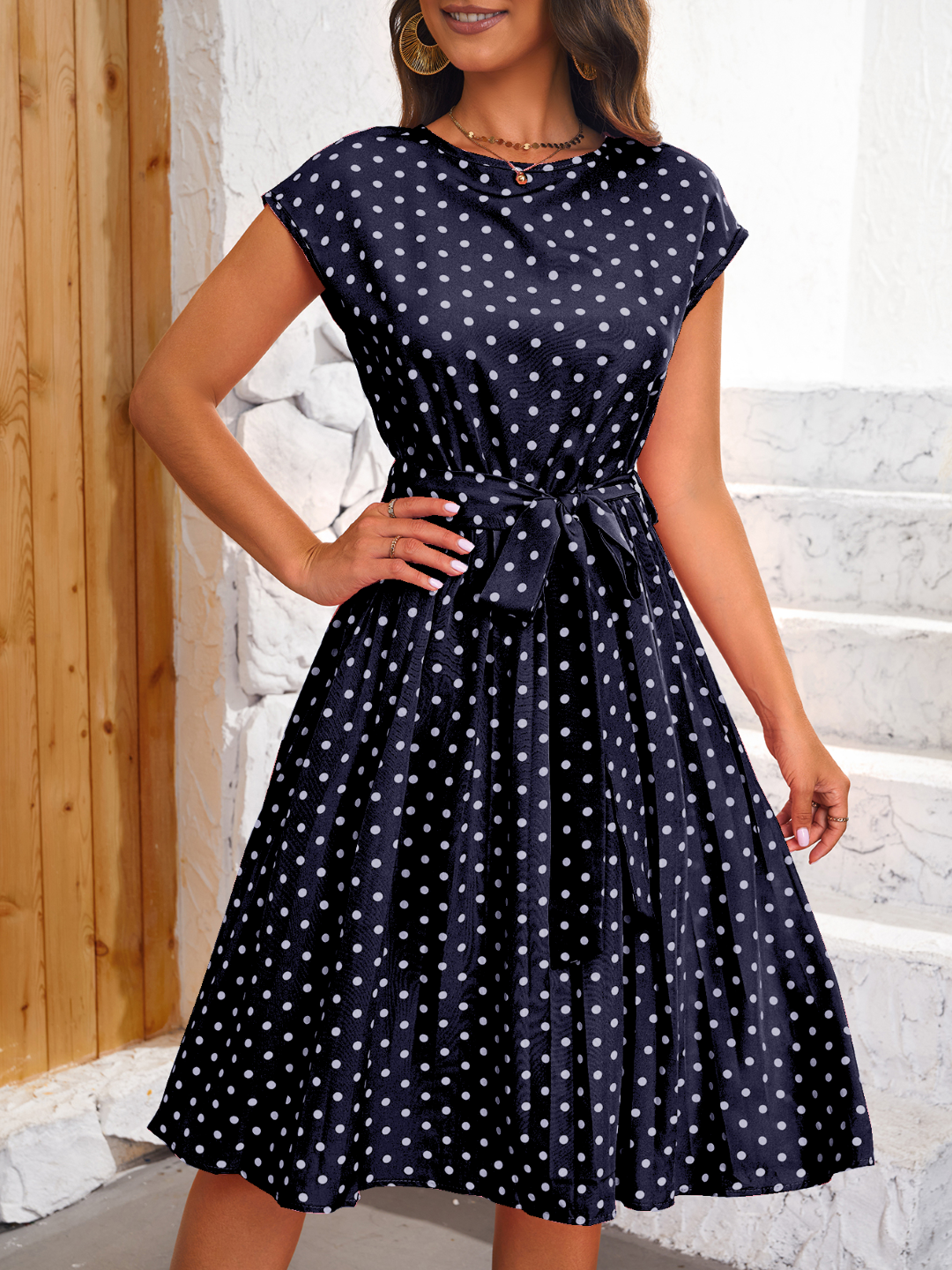 Navy Blue Round Neck A-Line Polka Dots Short Sleeves Knee Length Polyester Dress