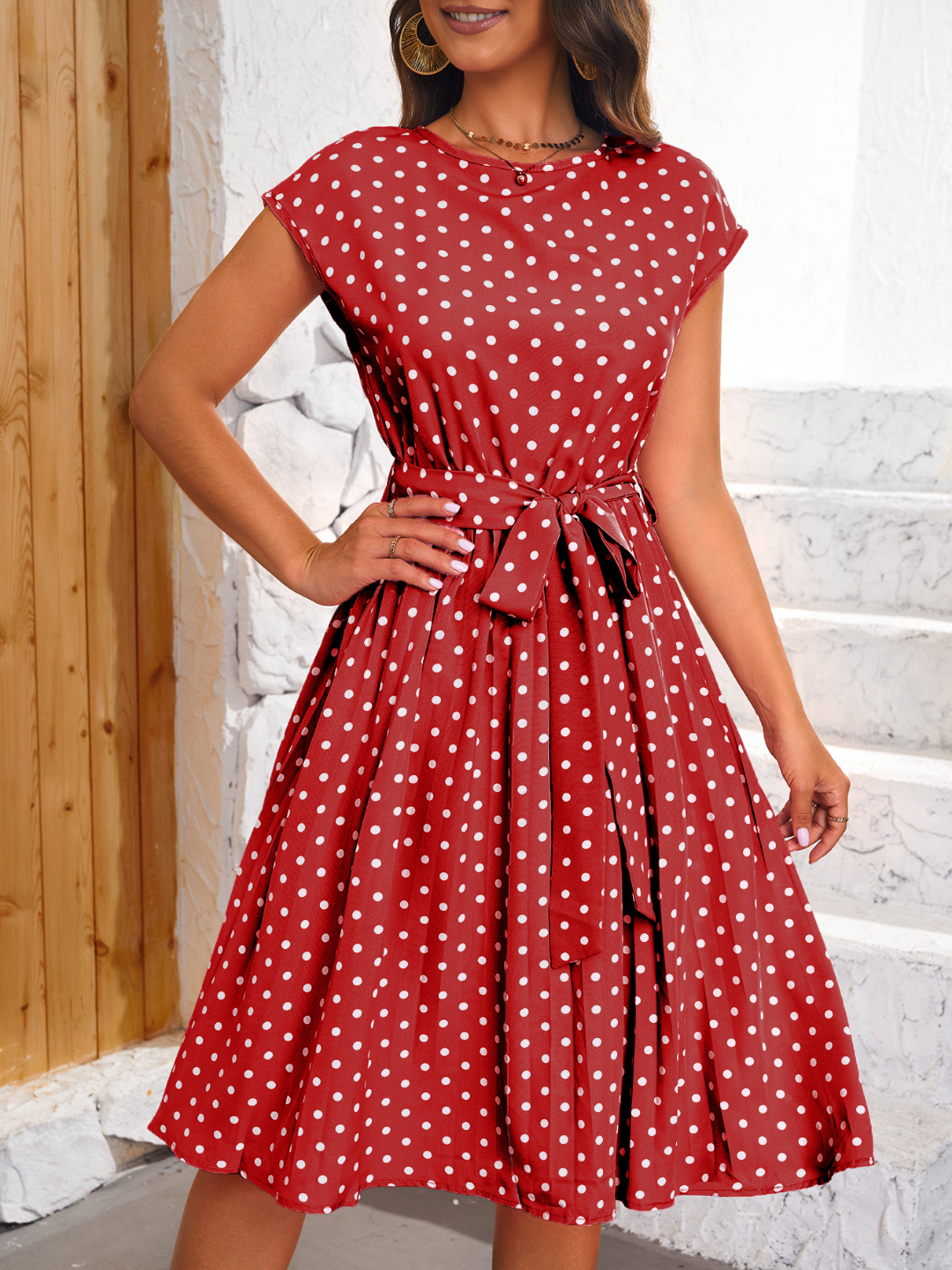 Red Round Neck A-Line Polka Dots Short Sleeves Knee Length Polyester Dress