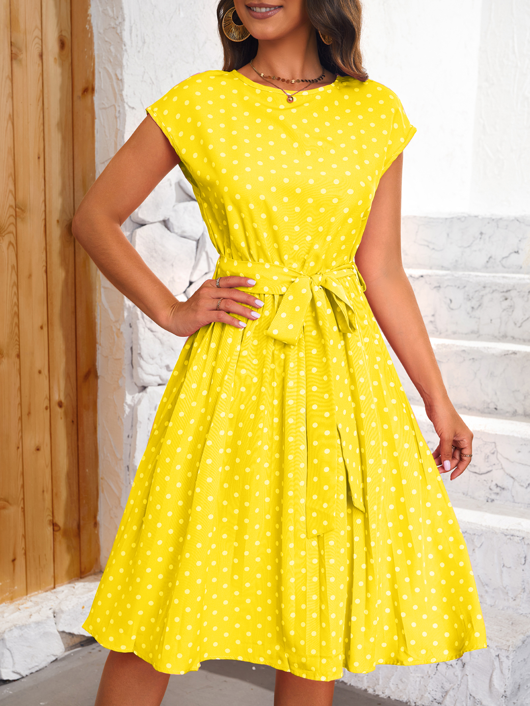 Yellow Round Neck A-Line Polka Dots Short Sleeves Knee Length Polyester Dress