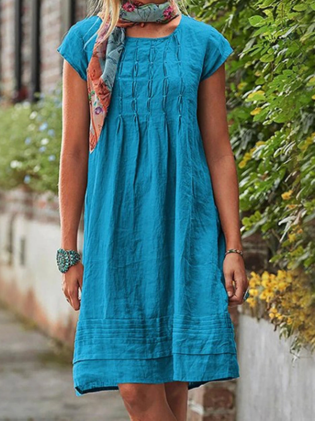 Blue Round Neck Long Sleeves Knee Length Solid A-Line Cotton Dress