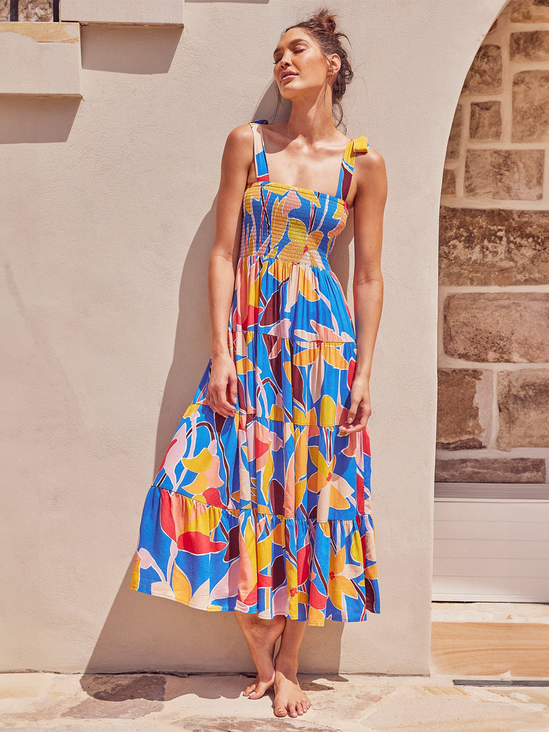 Blue Square Neck A-Line Floral Sleeveless Maxi Polyester Dress