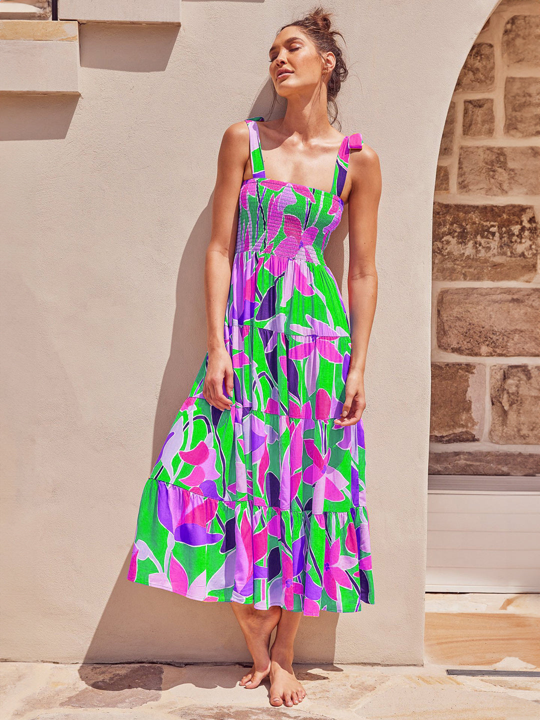 Dark Green Square Neck A-Line Floral Sleeveless Maxi Polyester Dress
