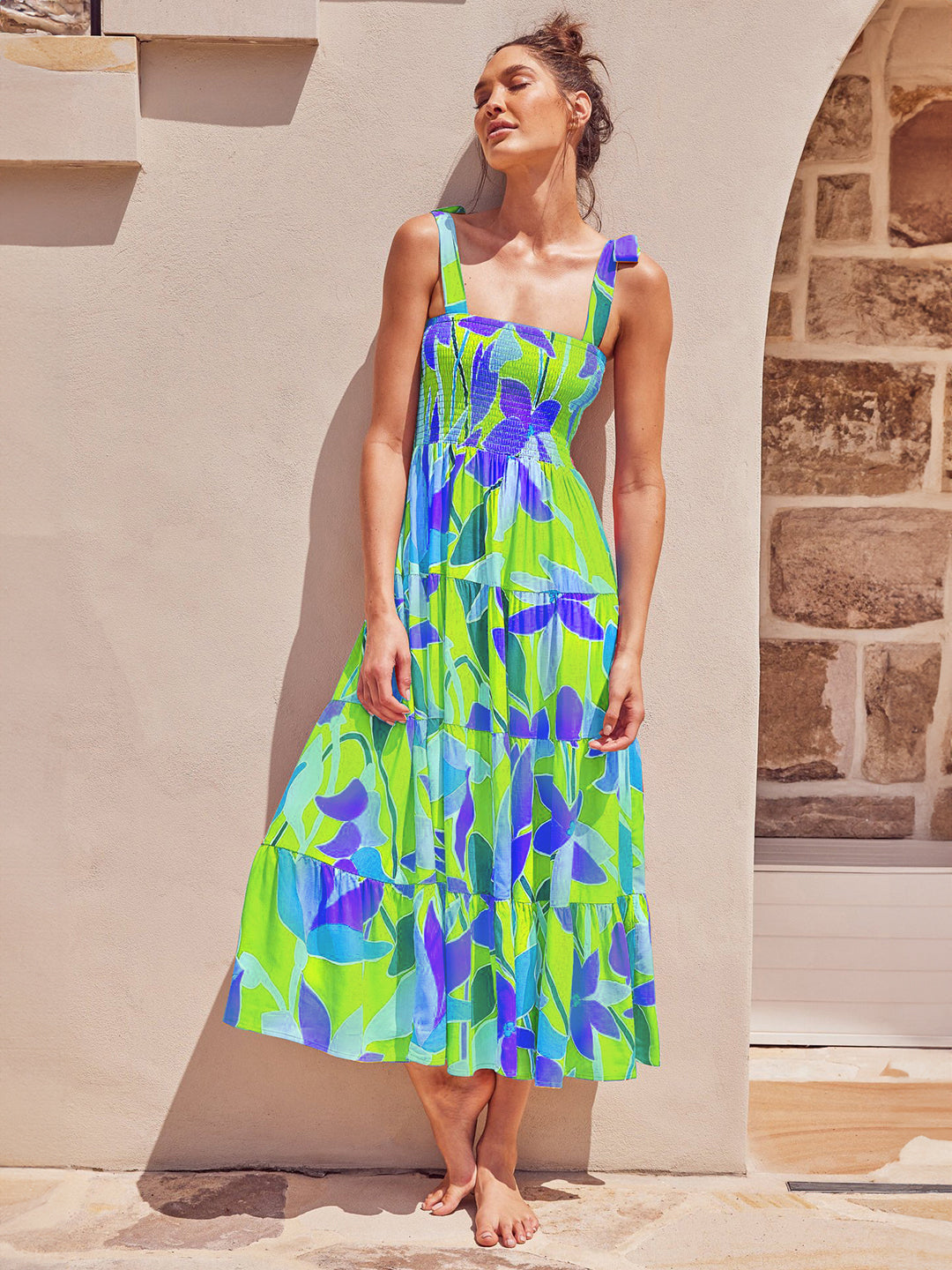Green Square Neck A-Line Floral Sleeveless Maxi Polyester Dress