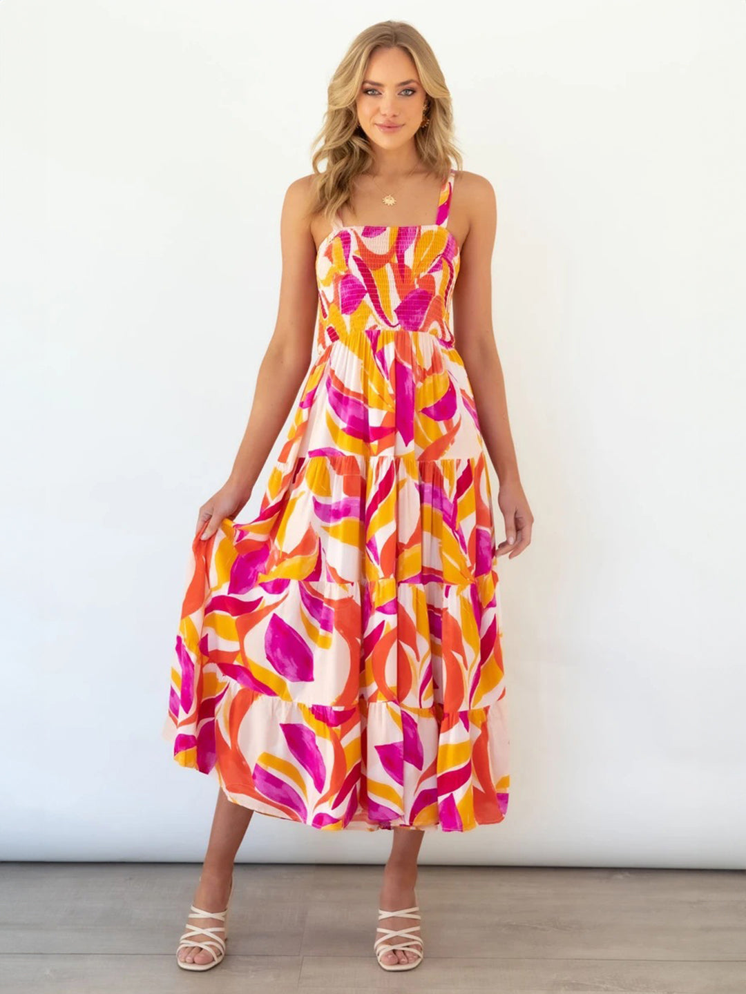 Magenta Square Neck A-Line Floral Sleeveless Maxi Polyester Dress