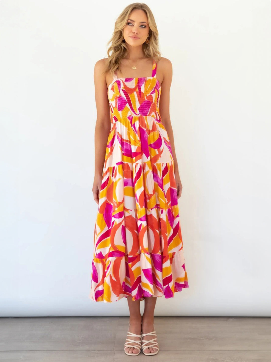 Magenta Square Neck A-Line Floral Sleeveless Maxi Polyester Dress