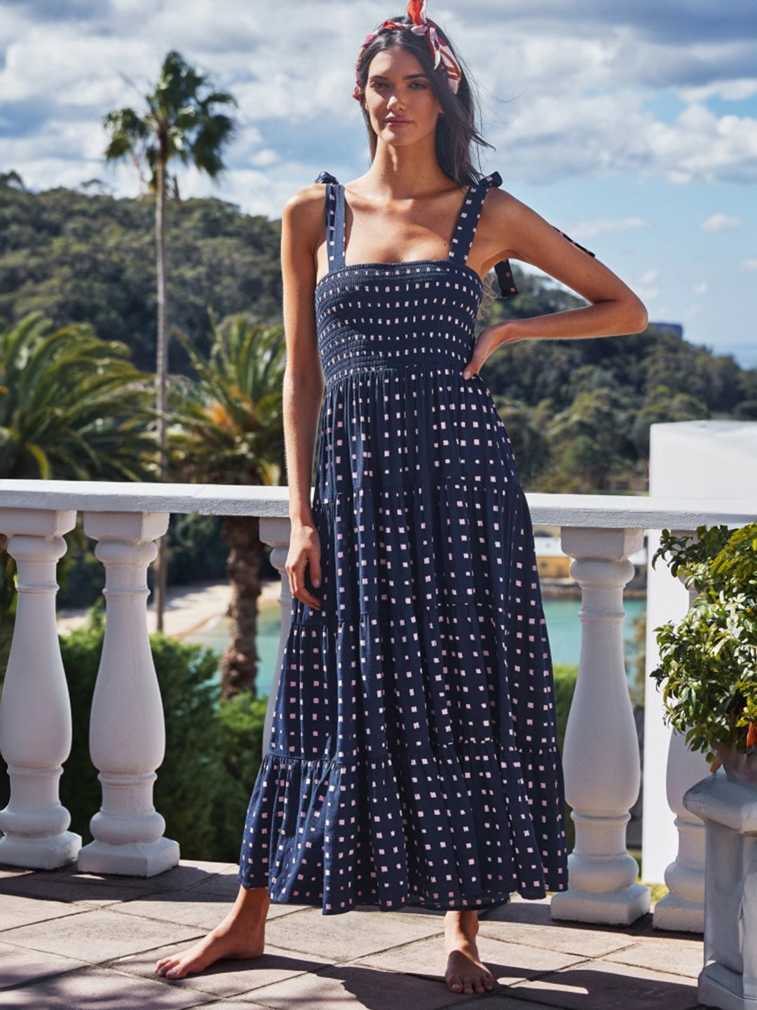 Navy Blue Square Neck A-Line Floral Sleeveless Maxi Polyester Dress