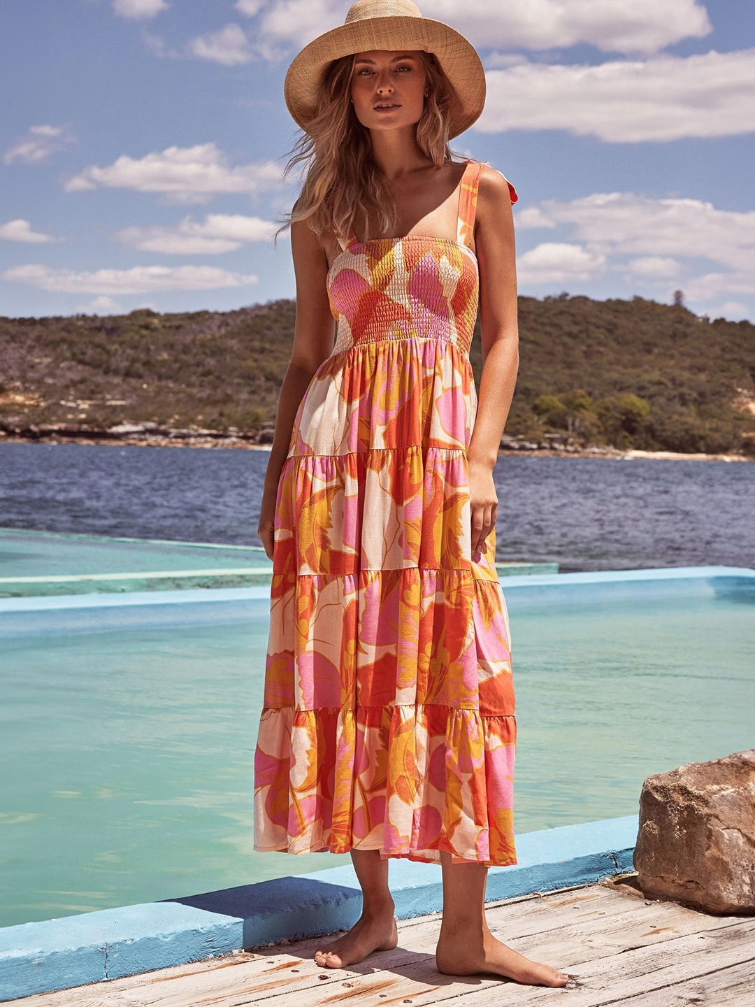 Orange Square Neck A-Line Floral Sleeveless Maxi Polyester Dress