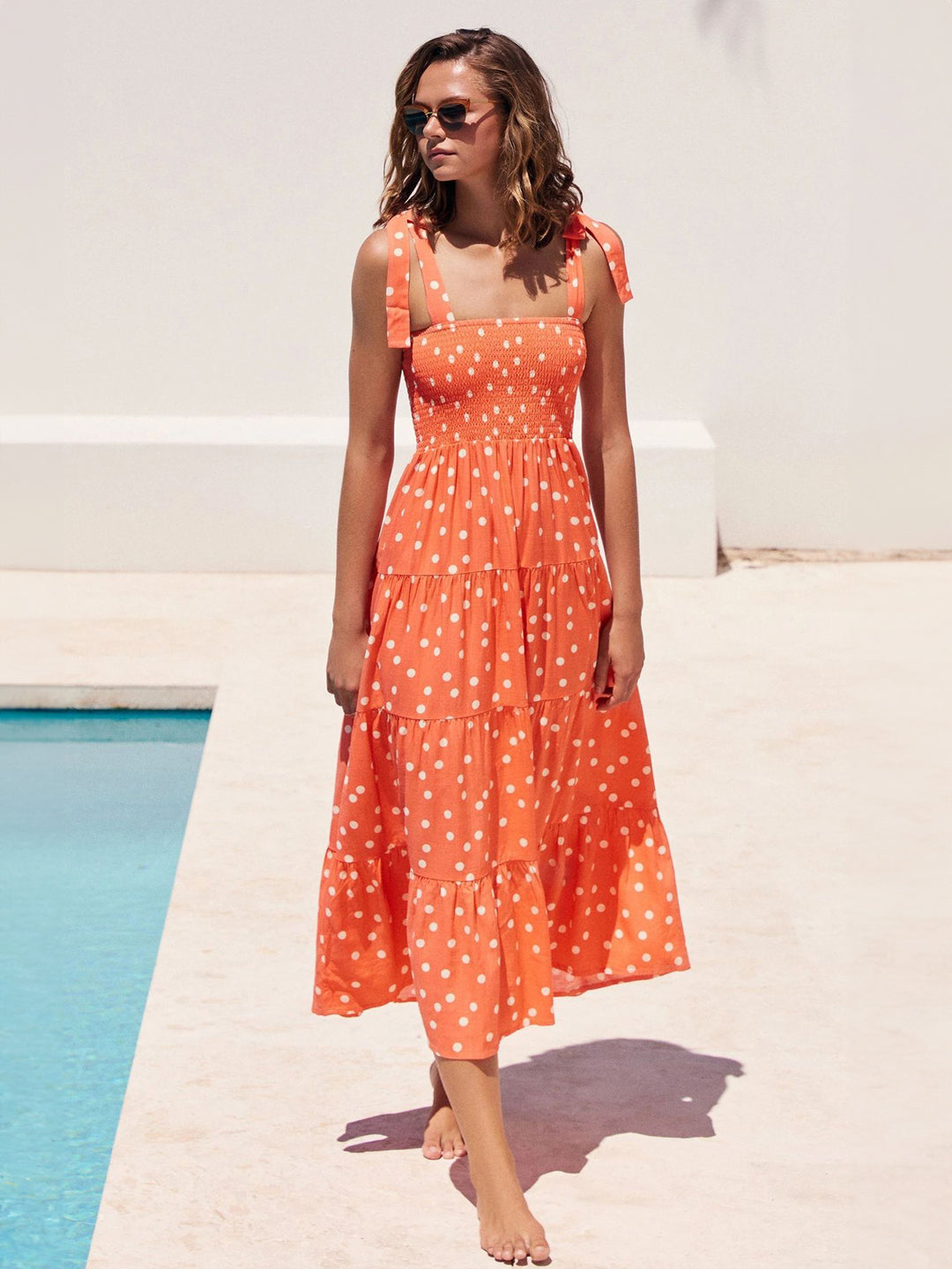 Orange White Square Neck A-Line Floral Sleeveless Maxi Polyester Dress