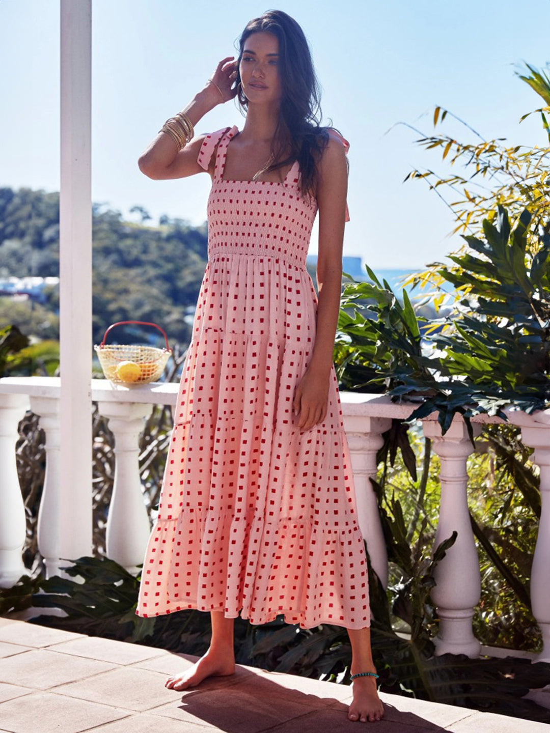 Pink Square Neck A-Line Floral Sleeveless Maxi Polyester Dress